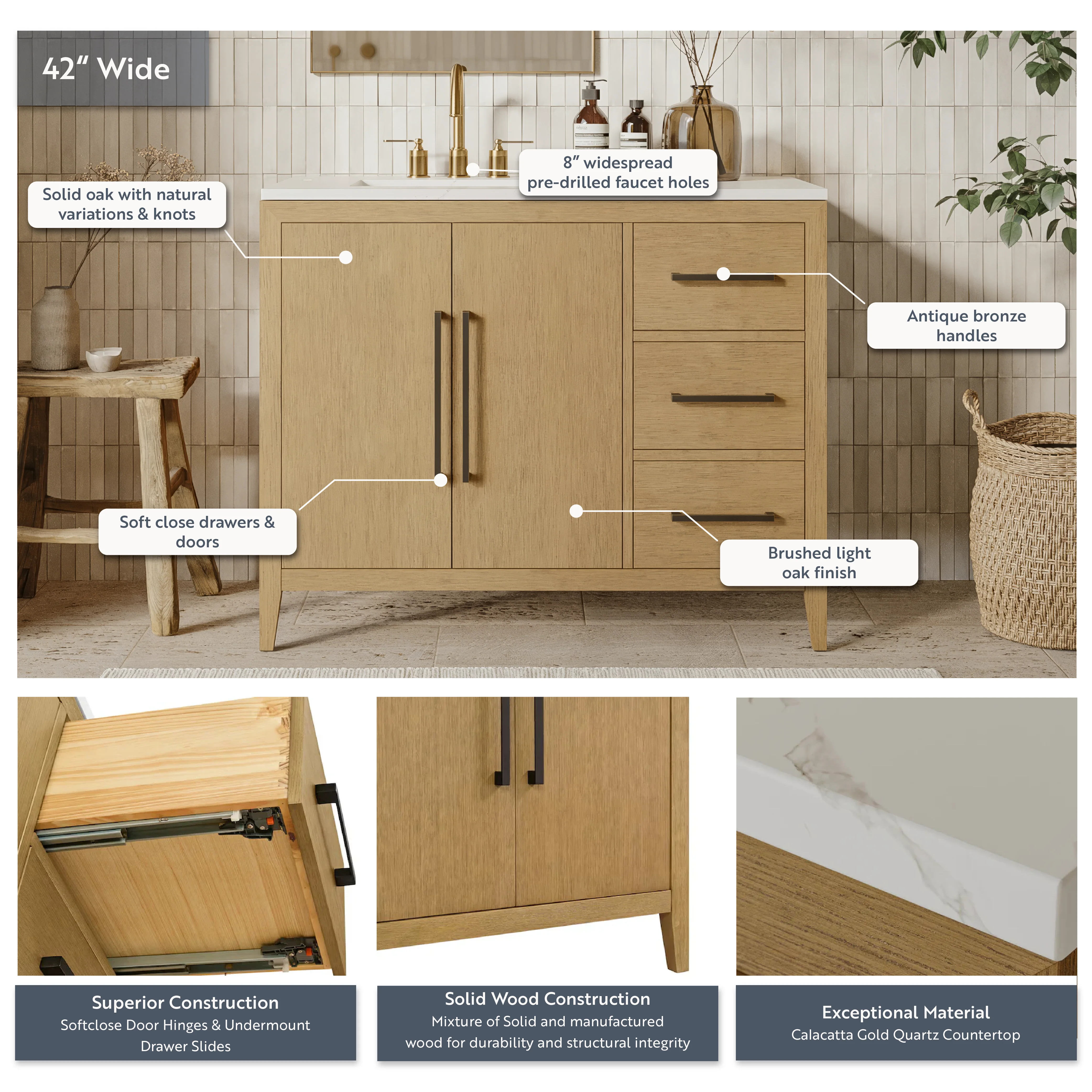 Bergen 42'' Single Bathroom Vanity | Calacatta Gold Quartz Top - Image 12