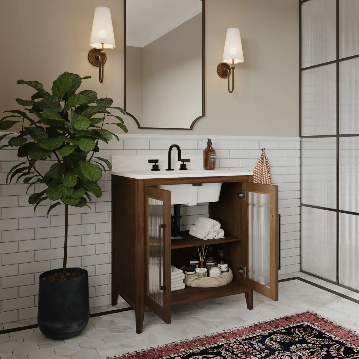 Apothecary 30W X 22D-Inch Single Bathroom Vanity With Fluted Glass Doors | Calacatta Quartz Countertop - Image 3