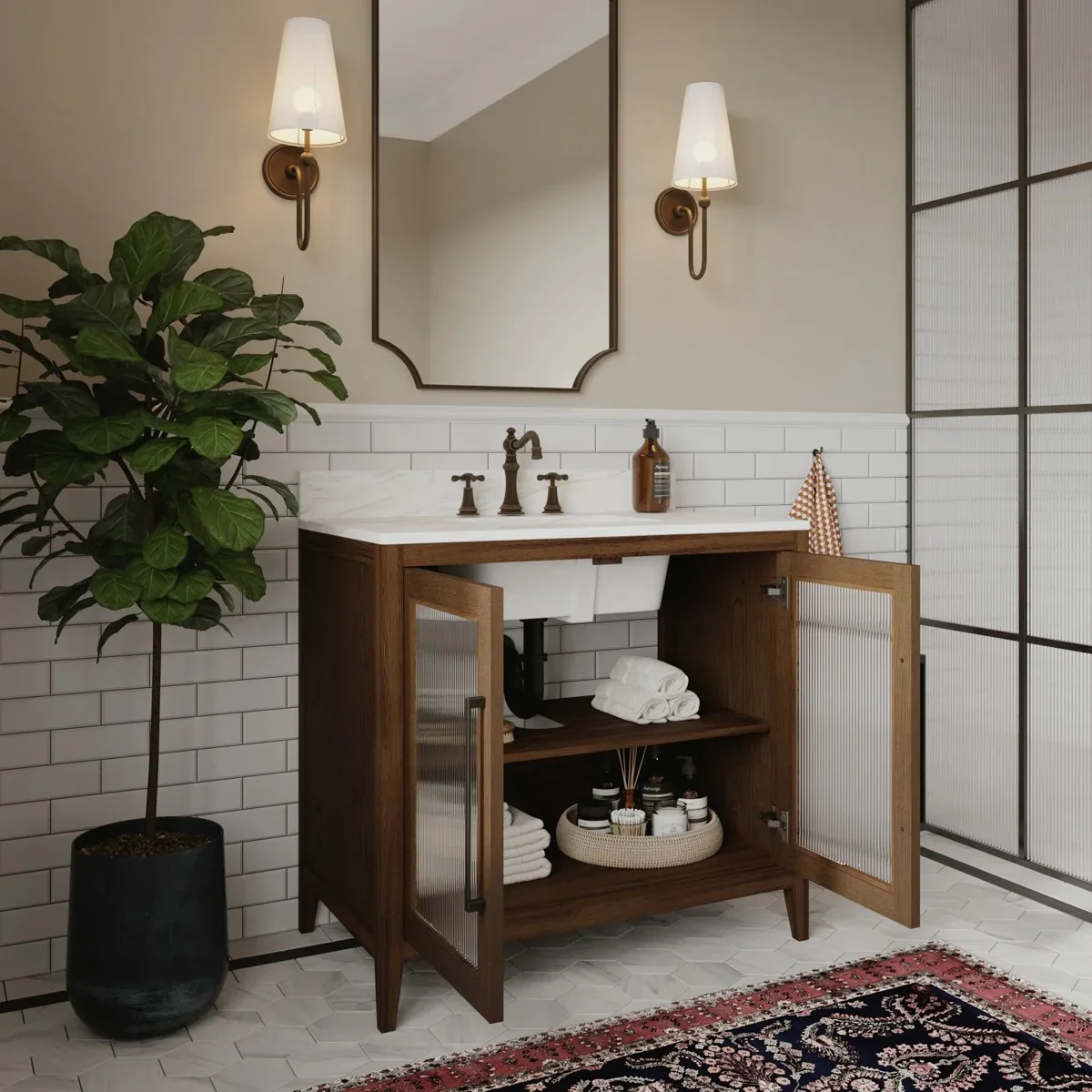 Apothecary 36W X 22D-Inch Single Bathroom Vanity With Fluted Glass Doors | Calacatta Quartz Countertop - Image 3
