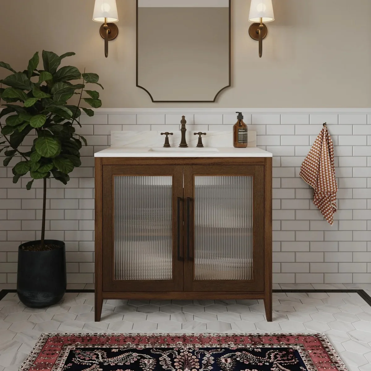 Apothecary 36W X 22D-Inch Single Bathroom Vanity With Fluted Glass Doors | Calacatta Quartz Countertop - Image 4