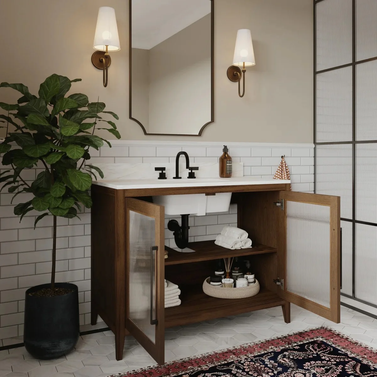 Apothecary 42W X 22D-Inch Single Bathroom Vanity With Fluted Glass Doors | Calacatta Quartz Countertop - Image 3