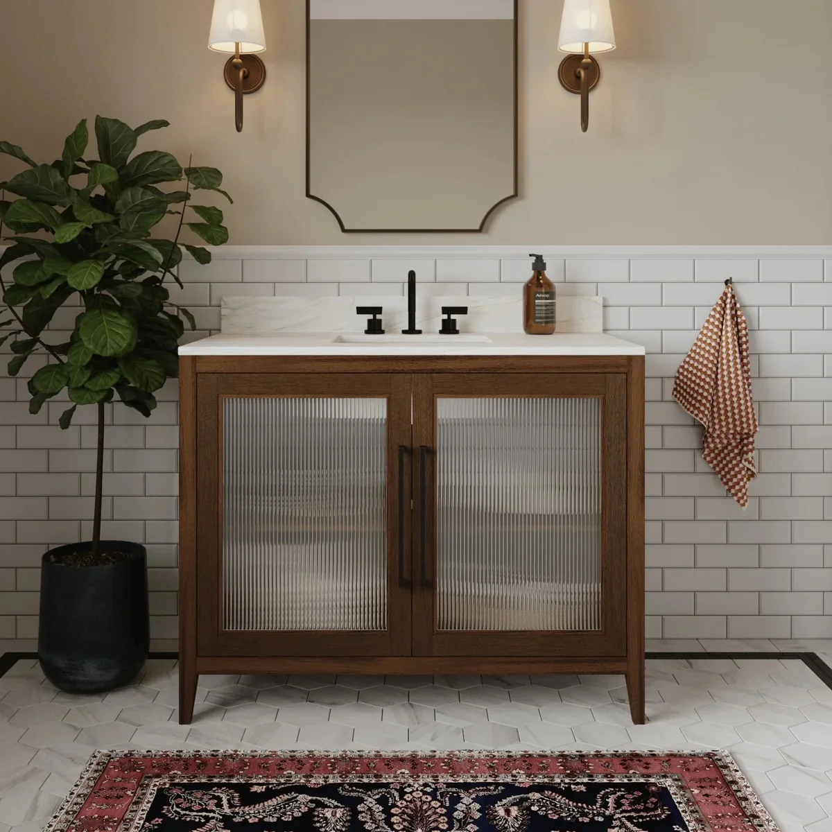 Apothecary 42W X 22D-Inch Single Bathroom Vanity With Fluted Glass Doors | Calacatta Quartz Countertop - Image 4