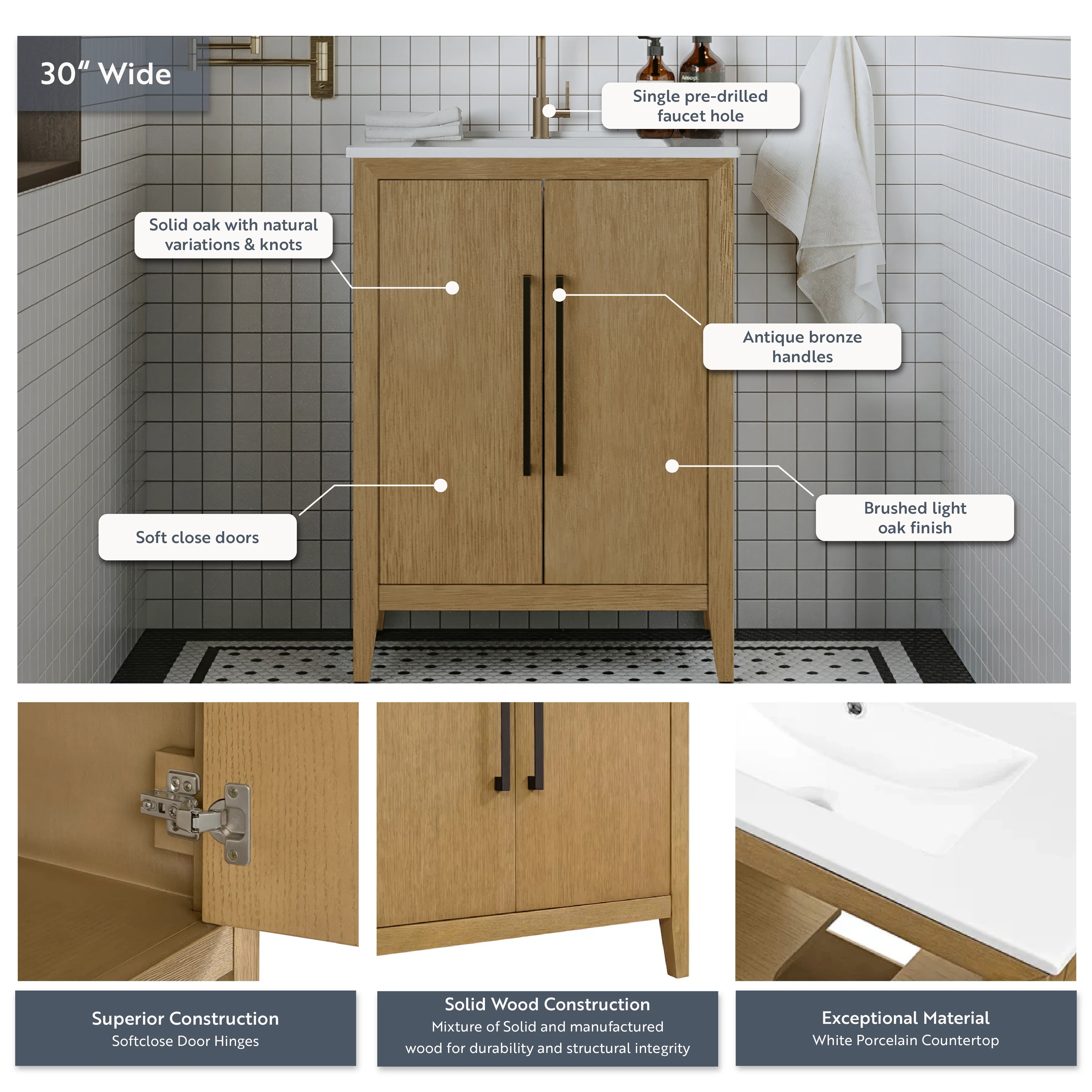 Bergen 30"W x 14"D Single Bathroom Vanity | White Porcelain Countertop - Image 11