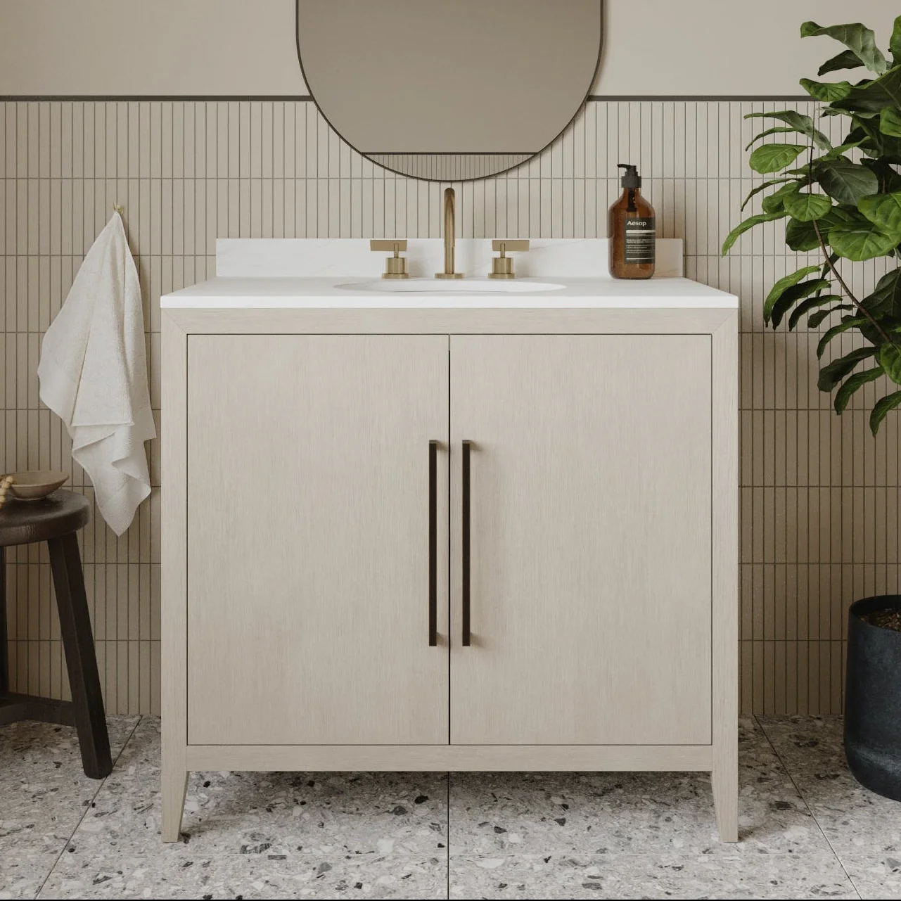Bergen 36" Single Bathroom Vanity | Enhanced White Oak | Calacatta Gold Quartz