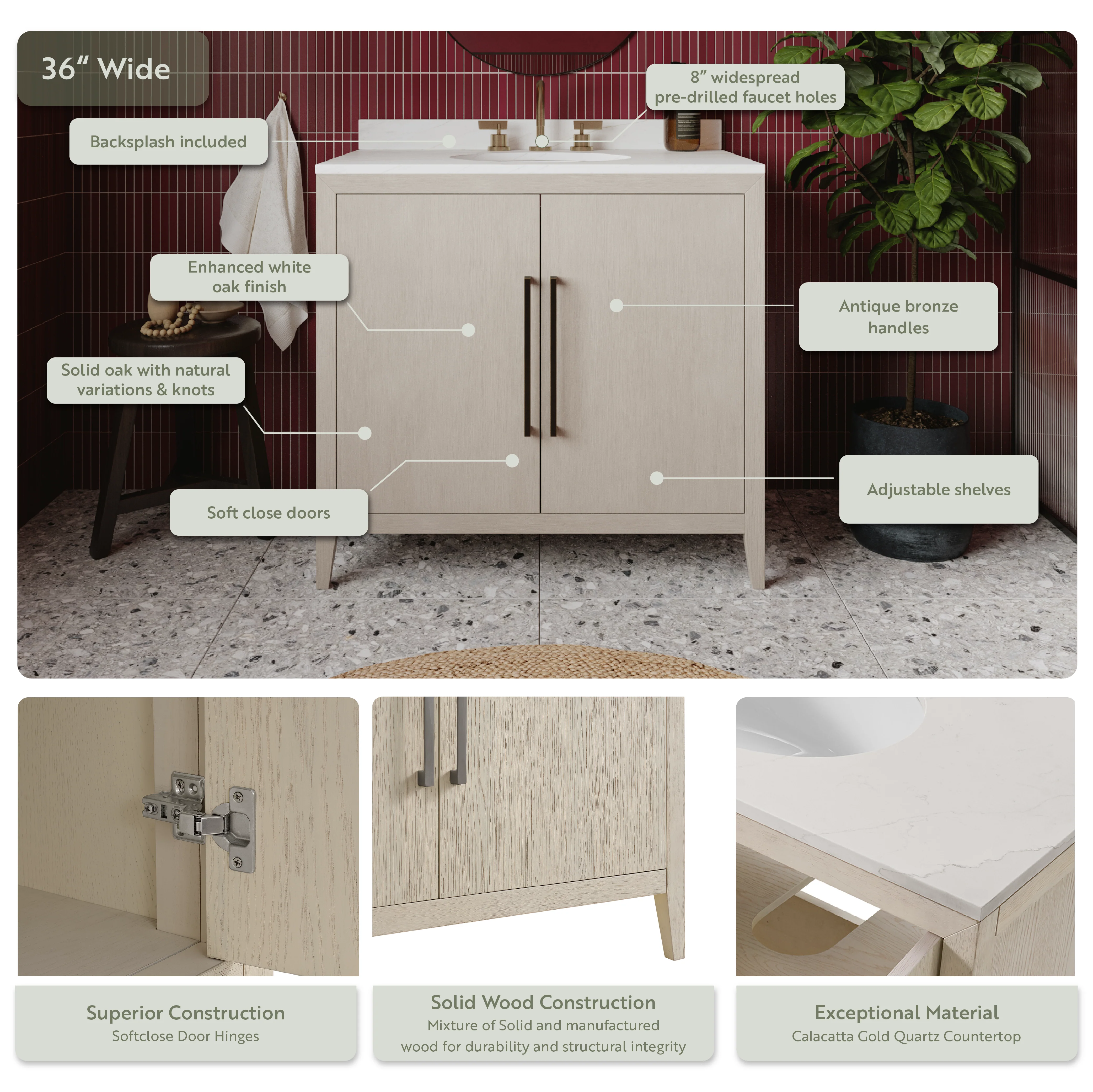 Bergen 36" Single Bathroom Vanity | Enhanced White Oak | Calacatta Gold Quartz - Image 6