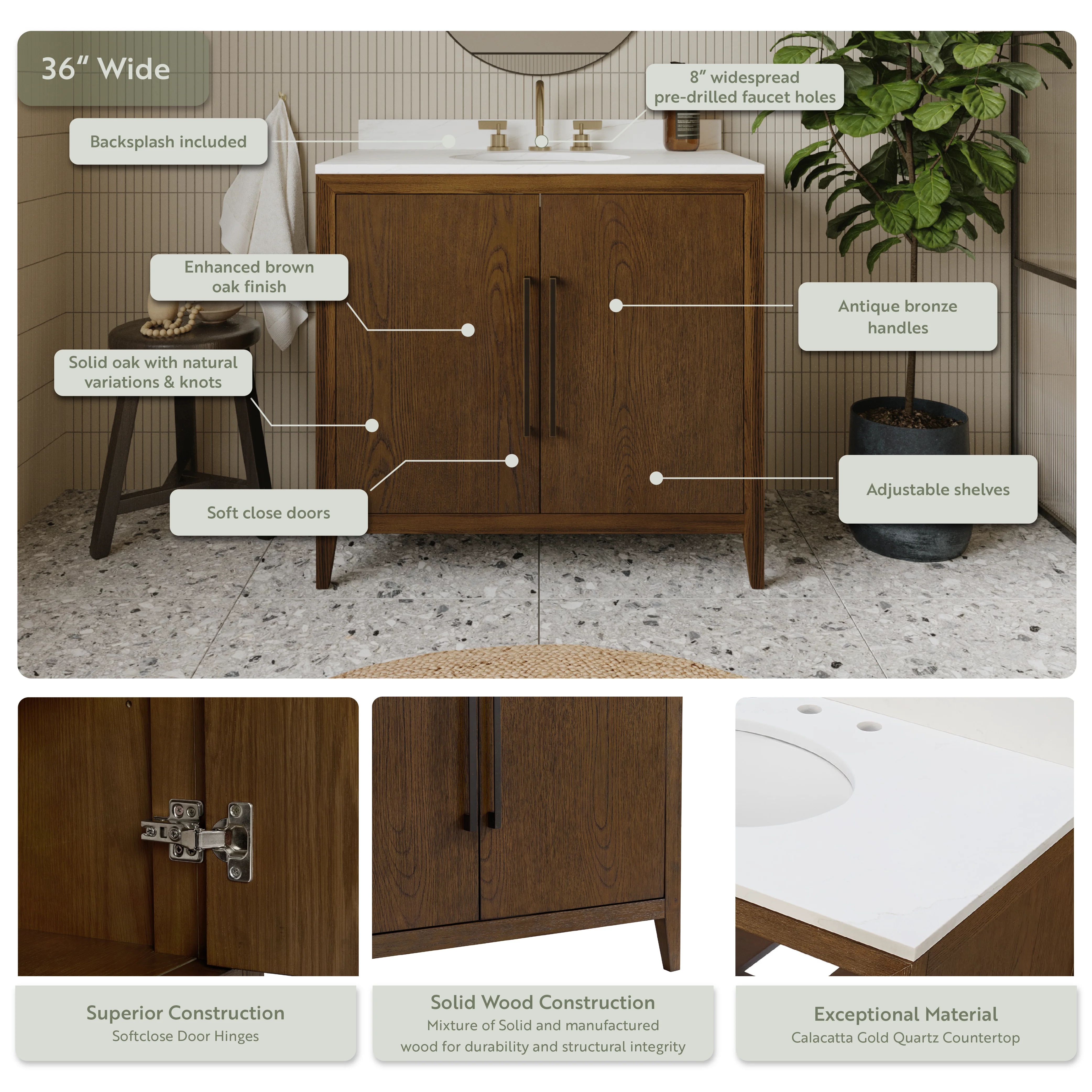 Bergen 36"W x 22"D Single Sink Bathroom Vanity | Enhanced Brown Oak | Calacatta Gold Quartz - Image 4