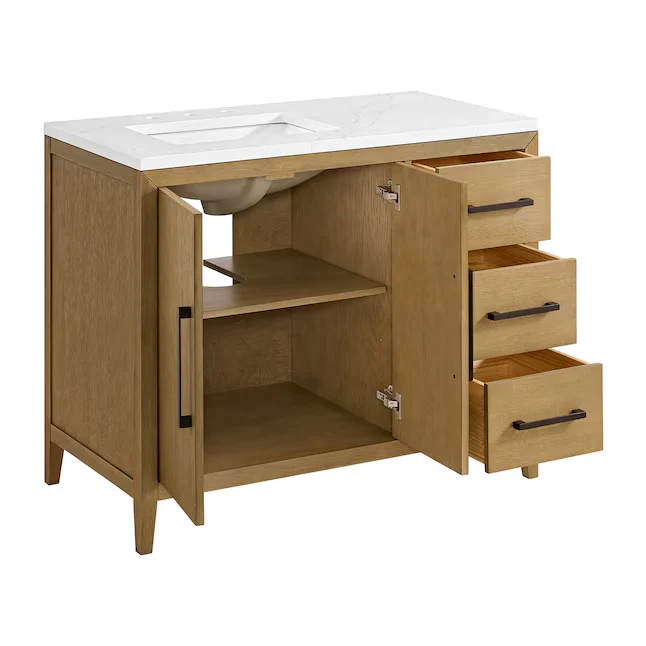 Bergen 42" Single Bathroom Vanity in Wire Brushed Oak | White Statuario Quartz Countertop - Image 5