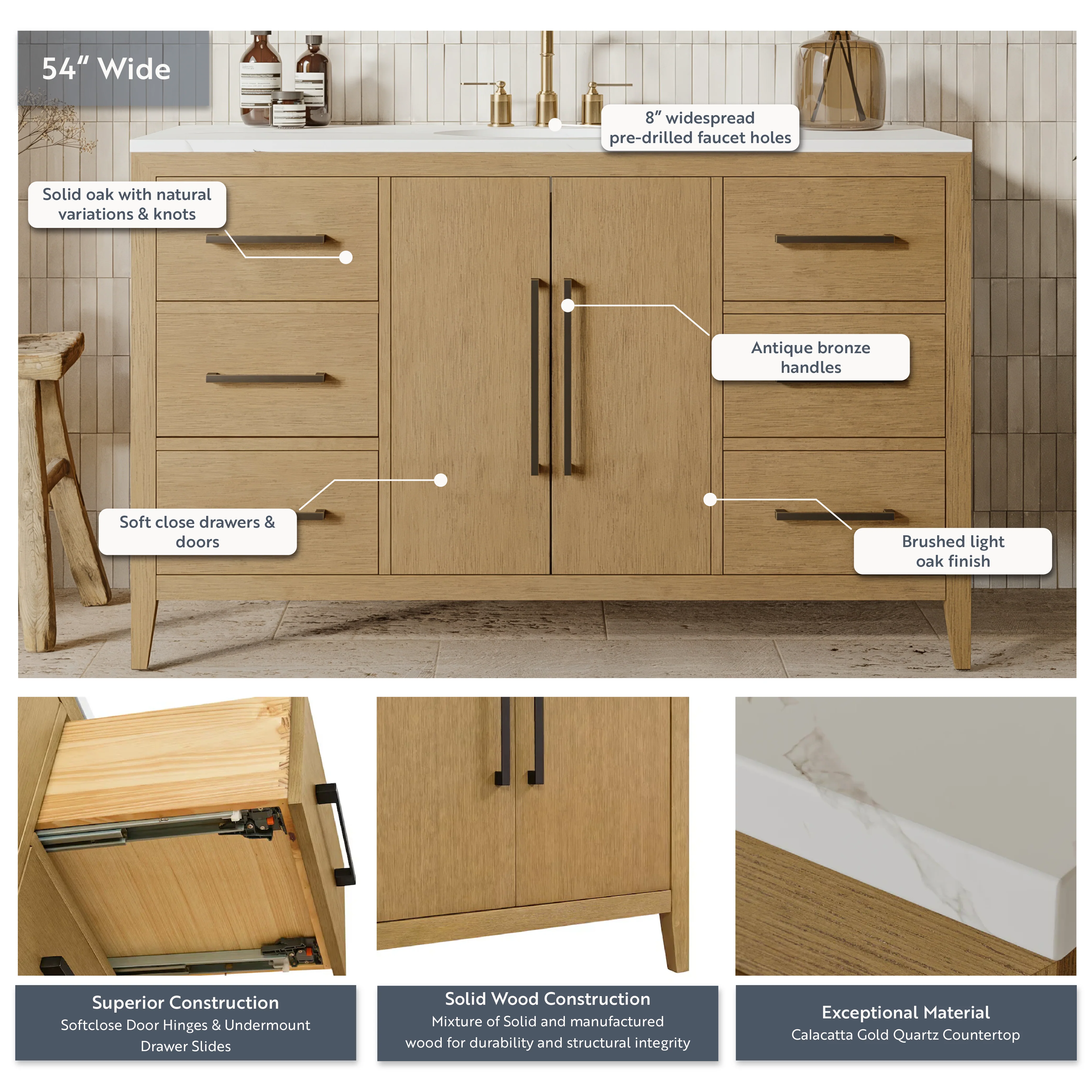 Bergen 54" Single Bathroom Vanity in Brushed Oak | Calacatta Gold Quartz Countertop - Image 4