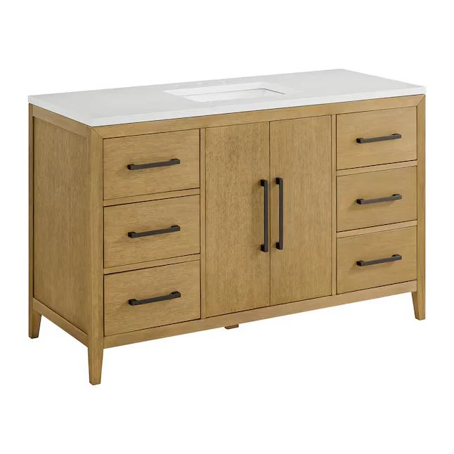 Bergen 54" Single Bathroom Vanity in Wire Brushed Oak | White Statuario Quartz Countertop - Image 12
