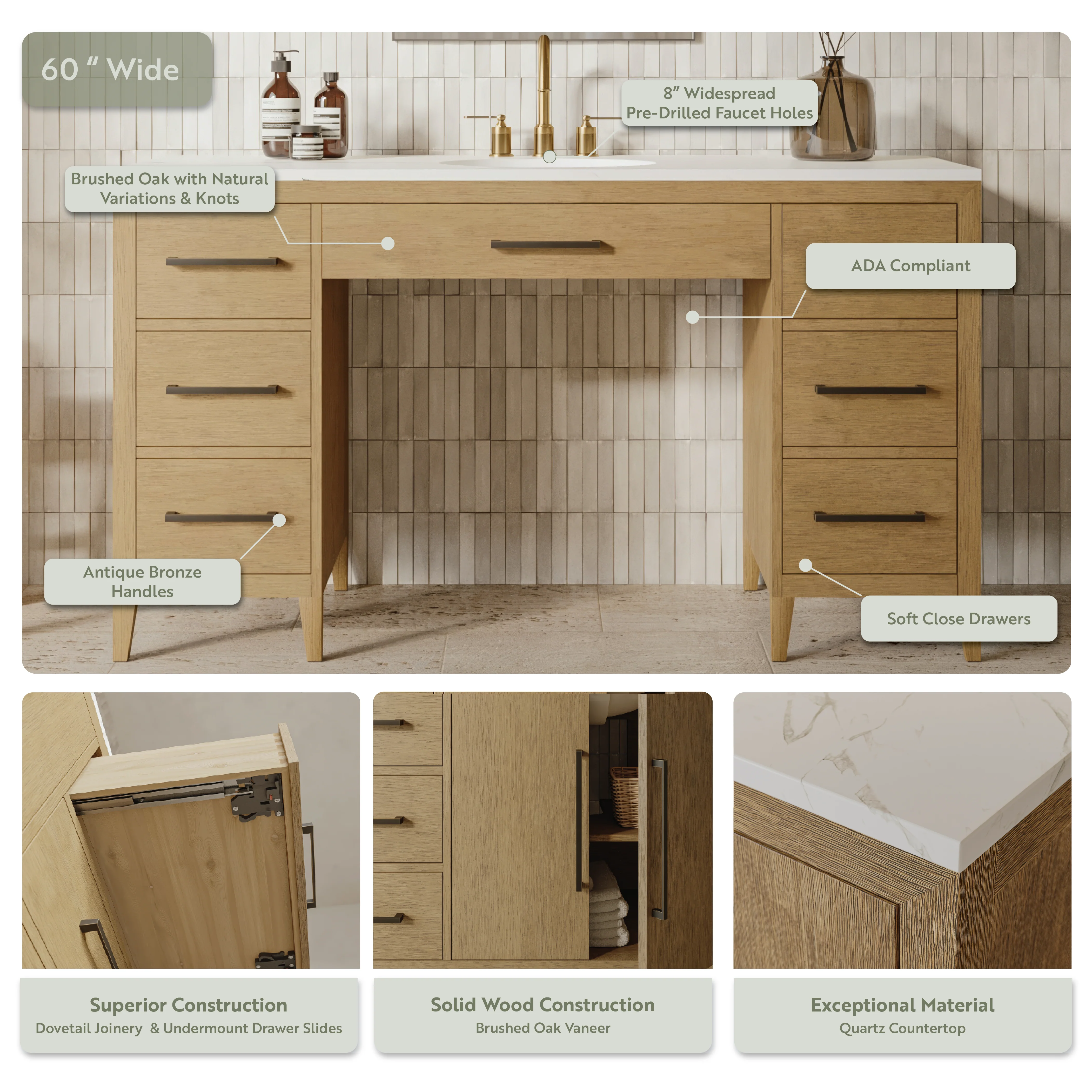 Bergen 60" ADA Single Bathroom Vanity in Brushed Oak | Statuario Quartz Countertop - Image 4