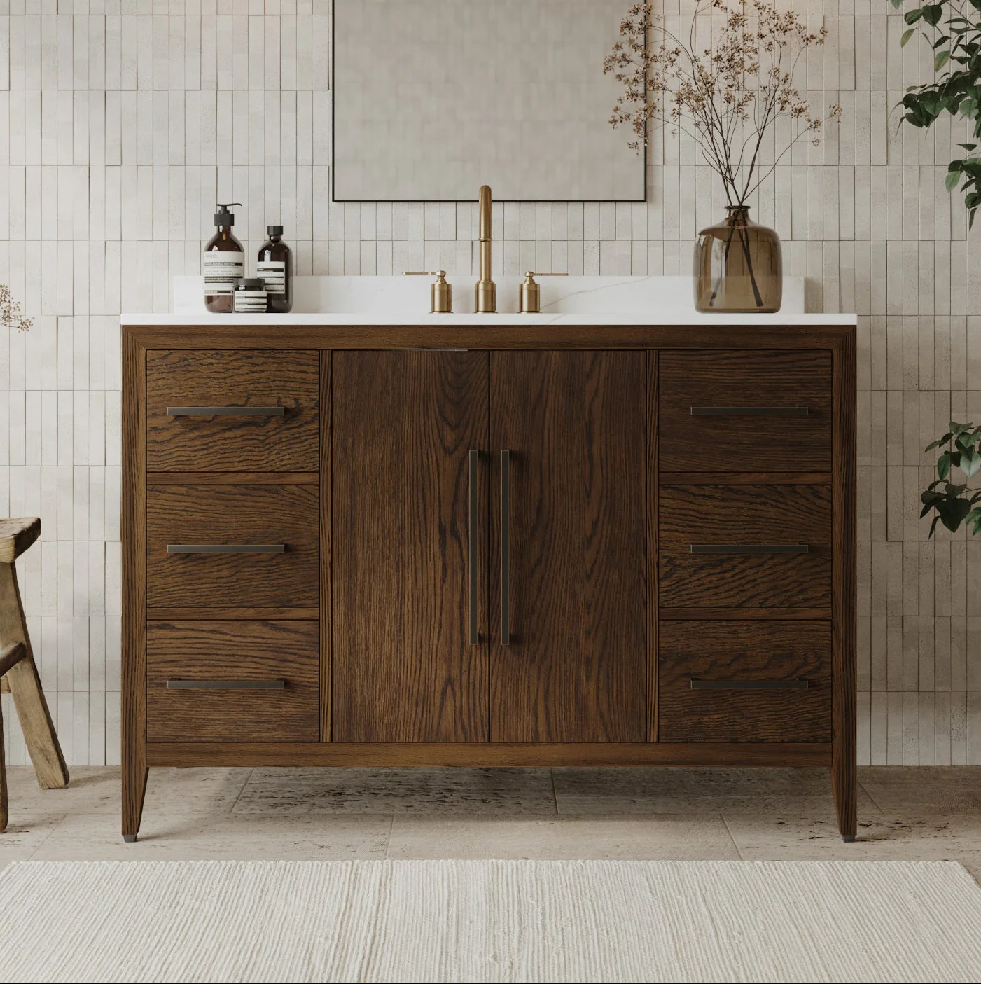 Bergen 48" Double Bathroom Vanity in Enhanced Brown Oak | Calacatta Gold Quartz Countertop - Image 14