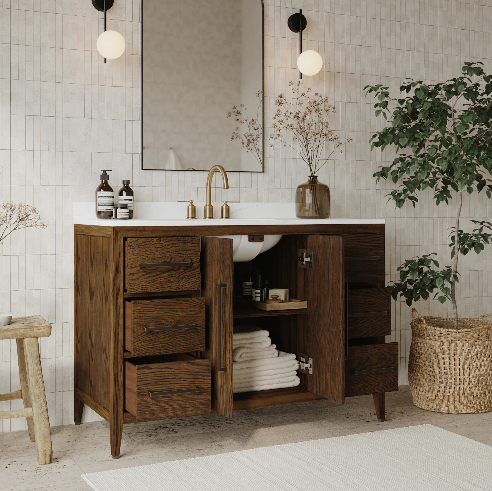 Bergen 48" Double Bathroom Vanity in Enhanced Brown Oak | Calacatta Gold Quartz Countertop - Image 3