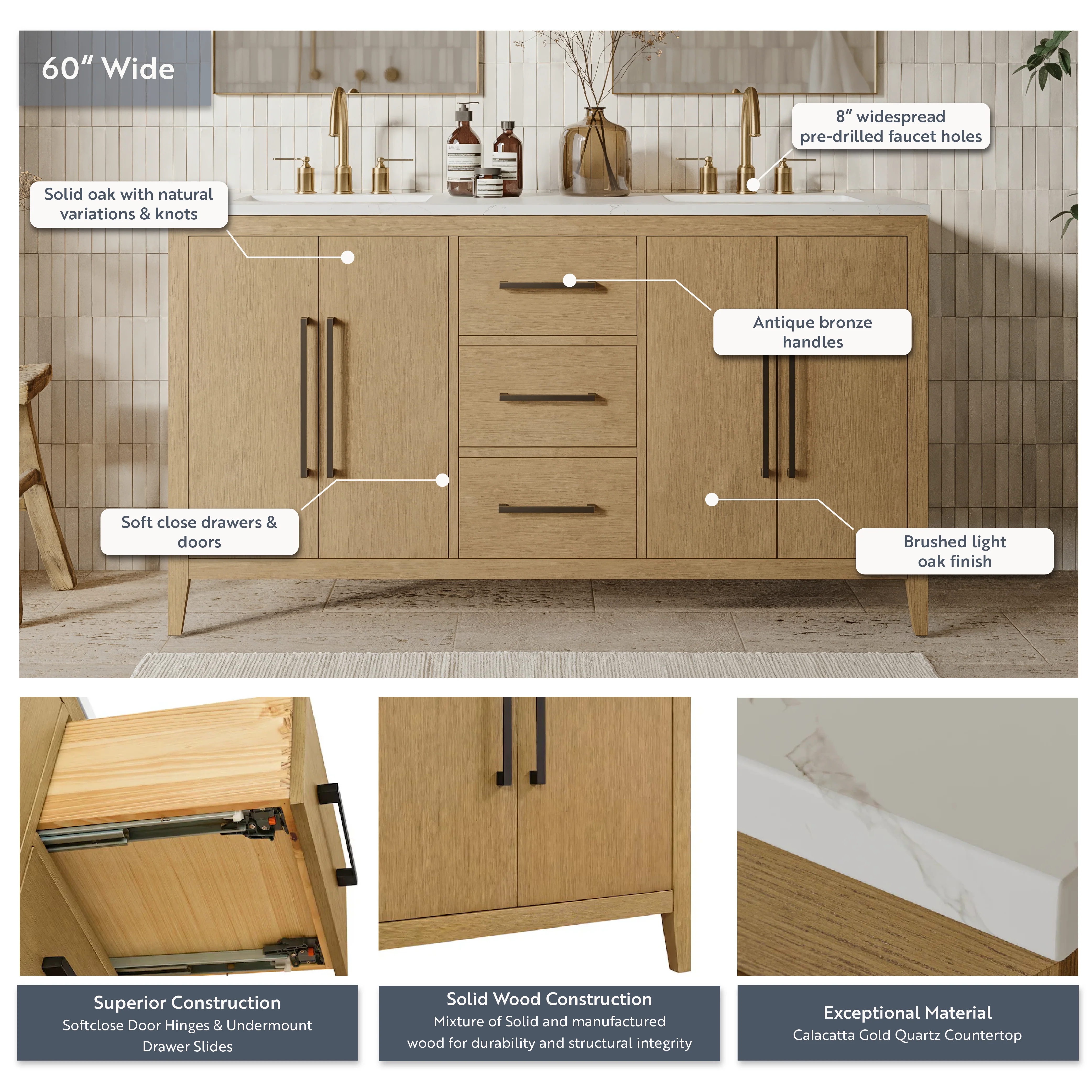 Bergen 60" Double Bathroom Vanity in Wire Brushed Oak | Calacatta Gold Quartz Countertop - Image 10