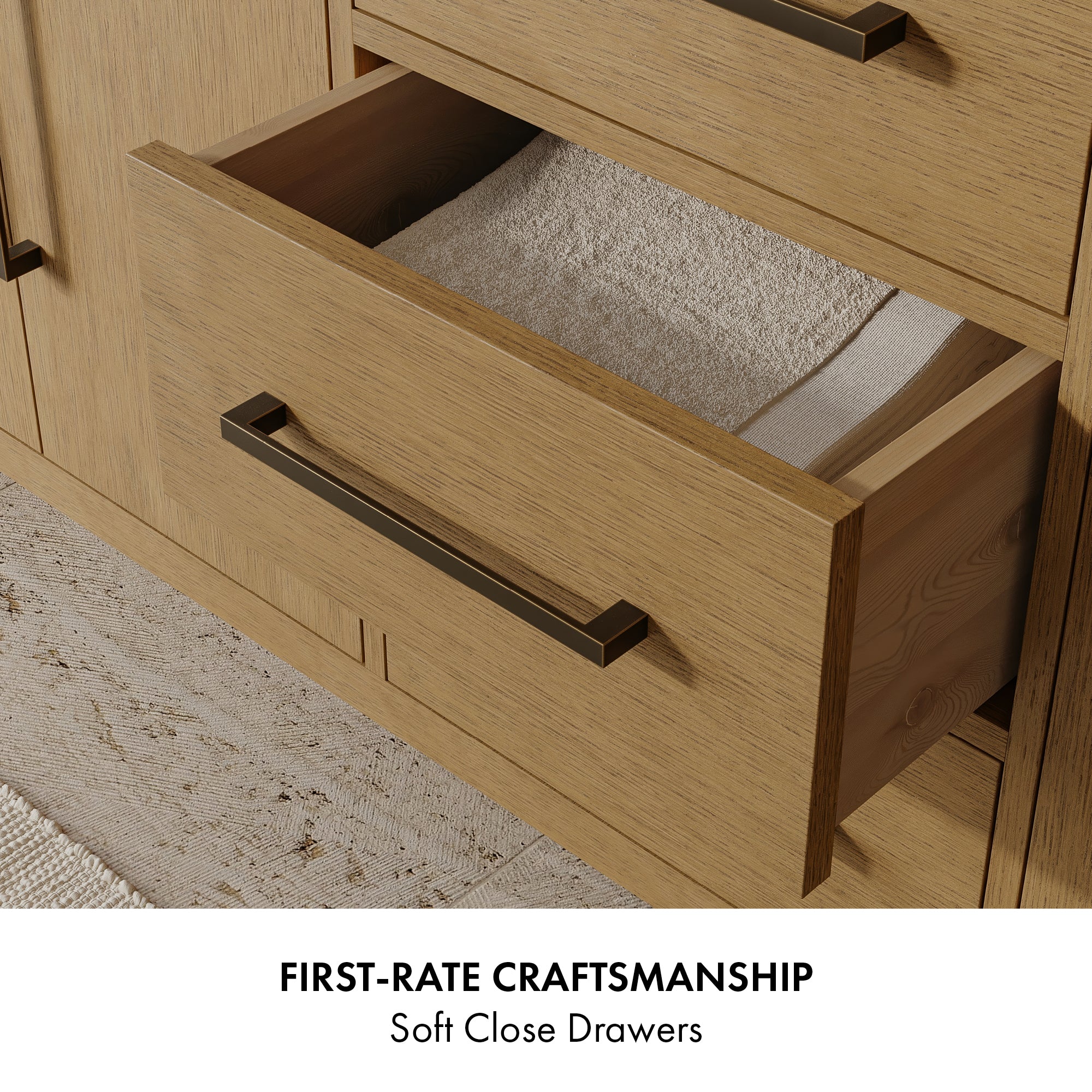 Bergen 60" Double Bathroom Vanity in Wire Brushed Oak | Calacatta Gold Quartz Countertop - Image 7
