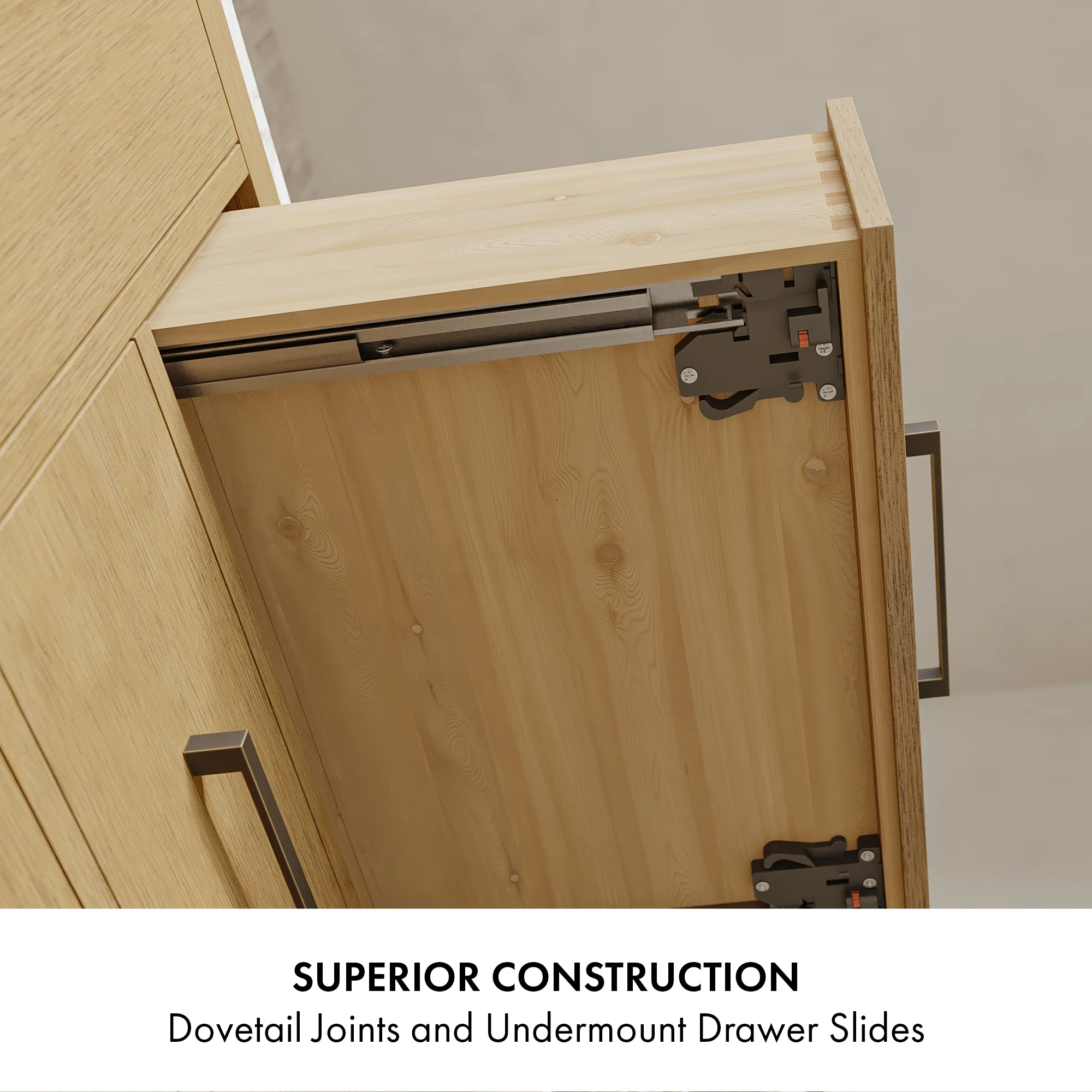 Bergen 60" Double Bathroom Vanity in Wire Brushed Oak | Calacatta Gold Quartz Countertop - Image 8