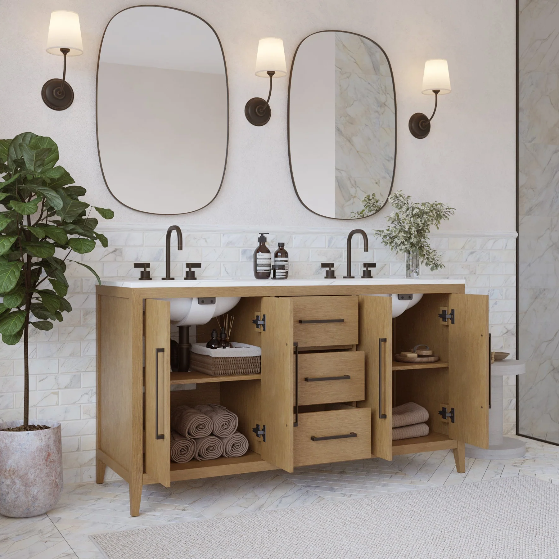 Bergen 60" Double Bathroom Vanity in Wire Brushed Oak | White Statuario Quartz Countertop - Image 3