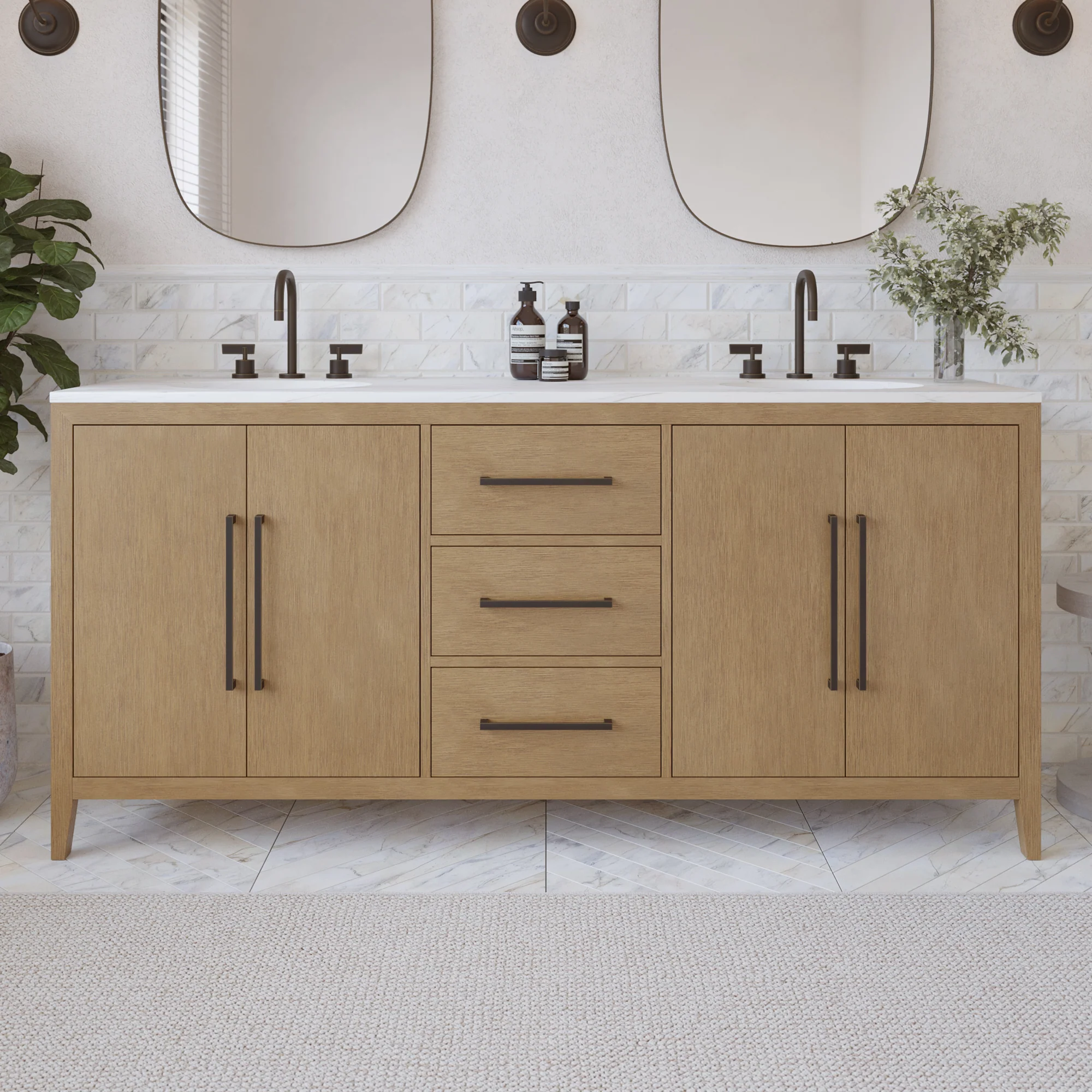 Bergen 72" Double Bathroom Vanity in Wire Brushed Oak | White Statuario Quartz Countertop - Image 16