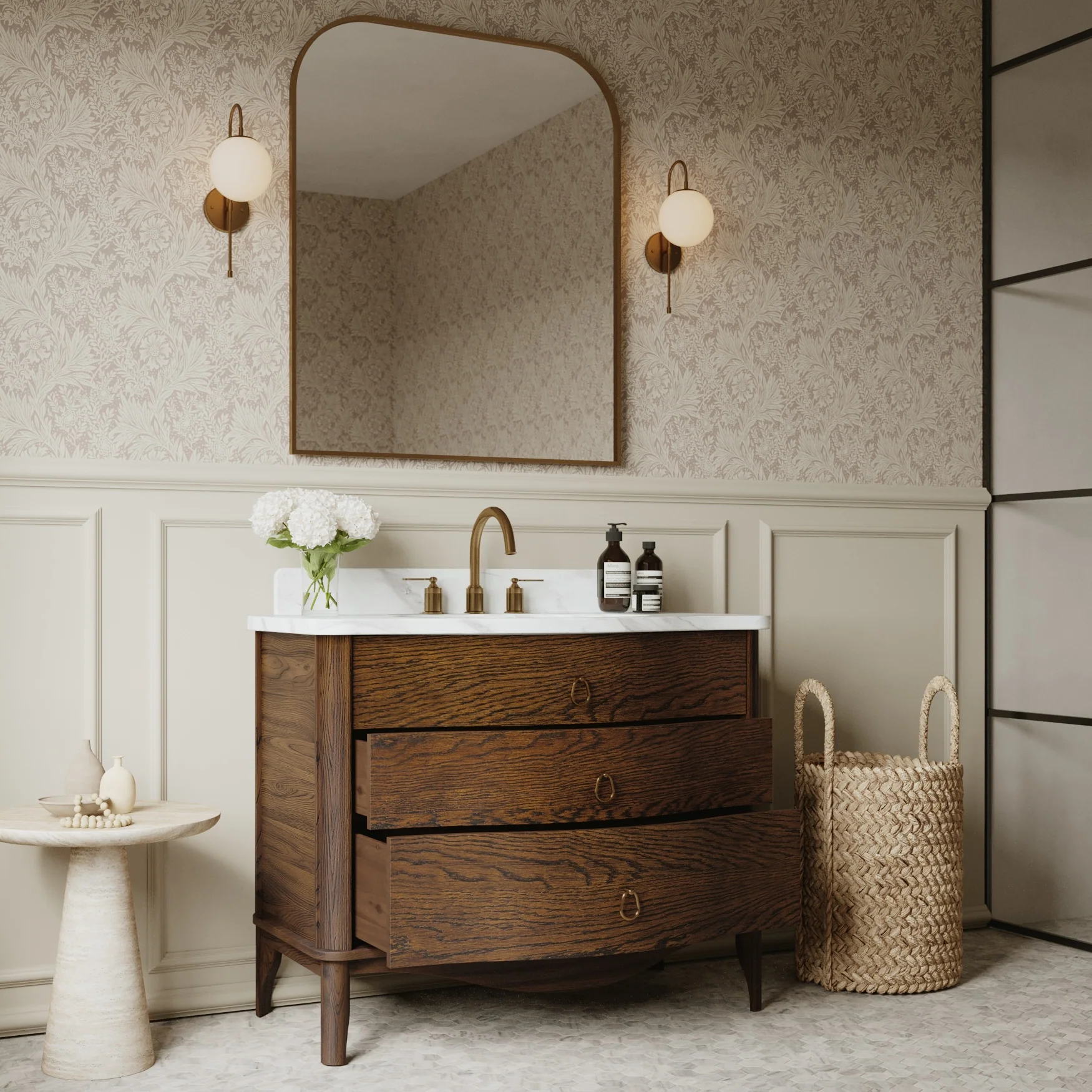 Grace 42" Single Bathroom Vanity | Enhanced Brown Oak | Statuario Quartz Countertop - Image 3
