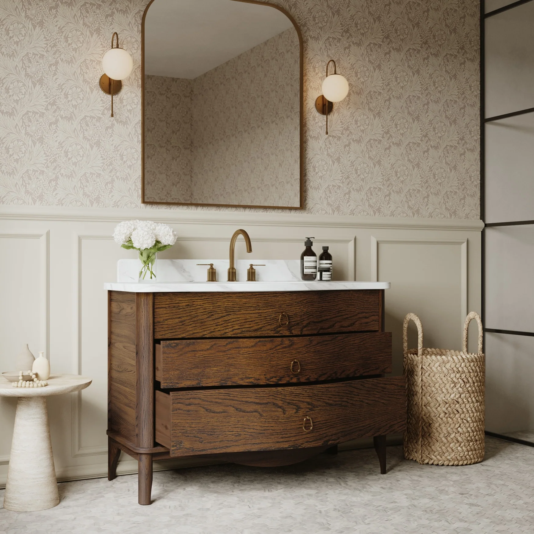 Grace 48" Single Bathroom Vanity | Enhanced Brown Oak | Statuario Quartz Countertop - Image 3