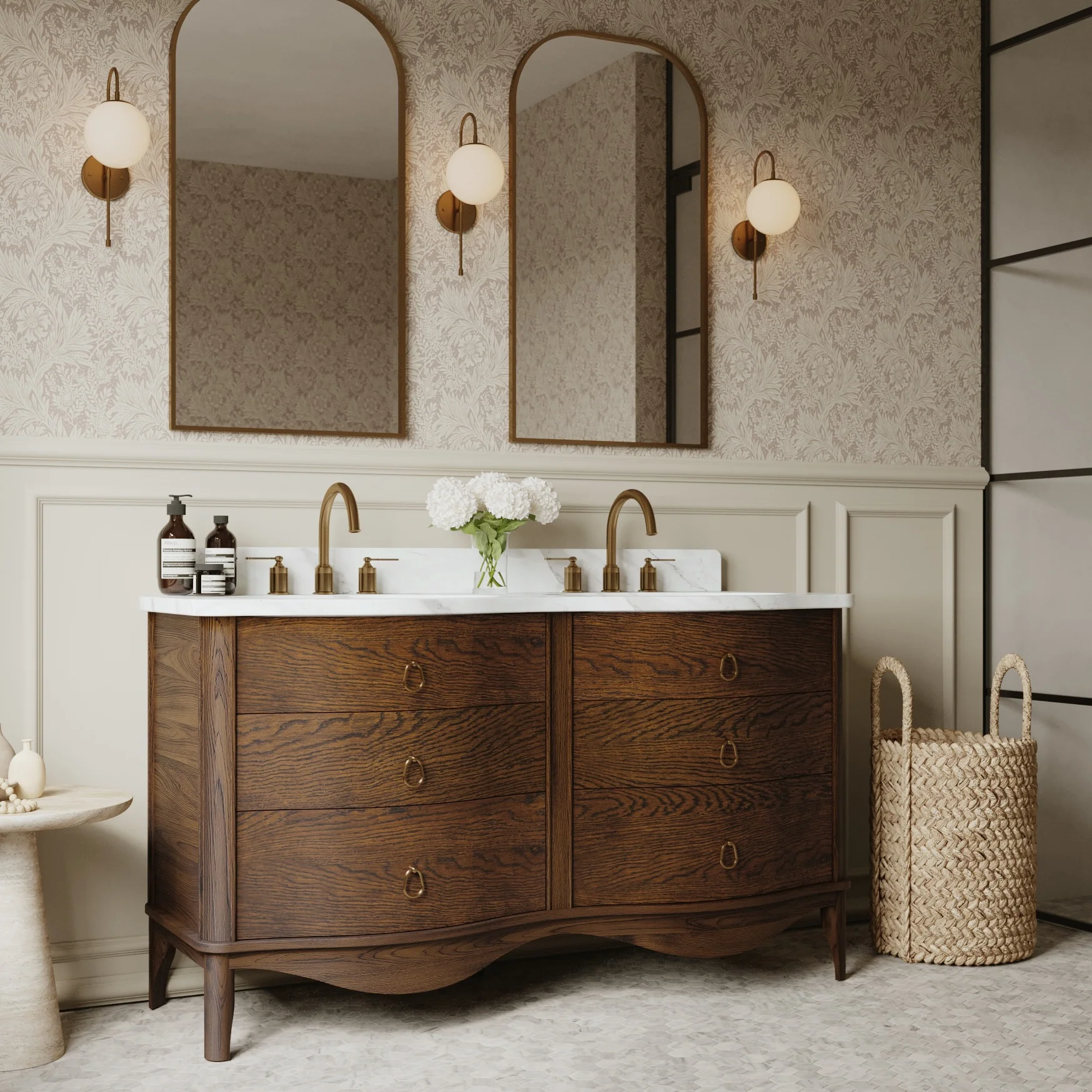 Grace 60" Double Bathroom Vanity | Enhanced Brown Oak | Statuario Quartz Countertop - Image 13