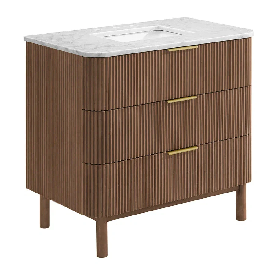 Havana 36" Single Bathroom Vanity in Brown Reeded Birch | Carrara Marble Countertop - Image 12