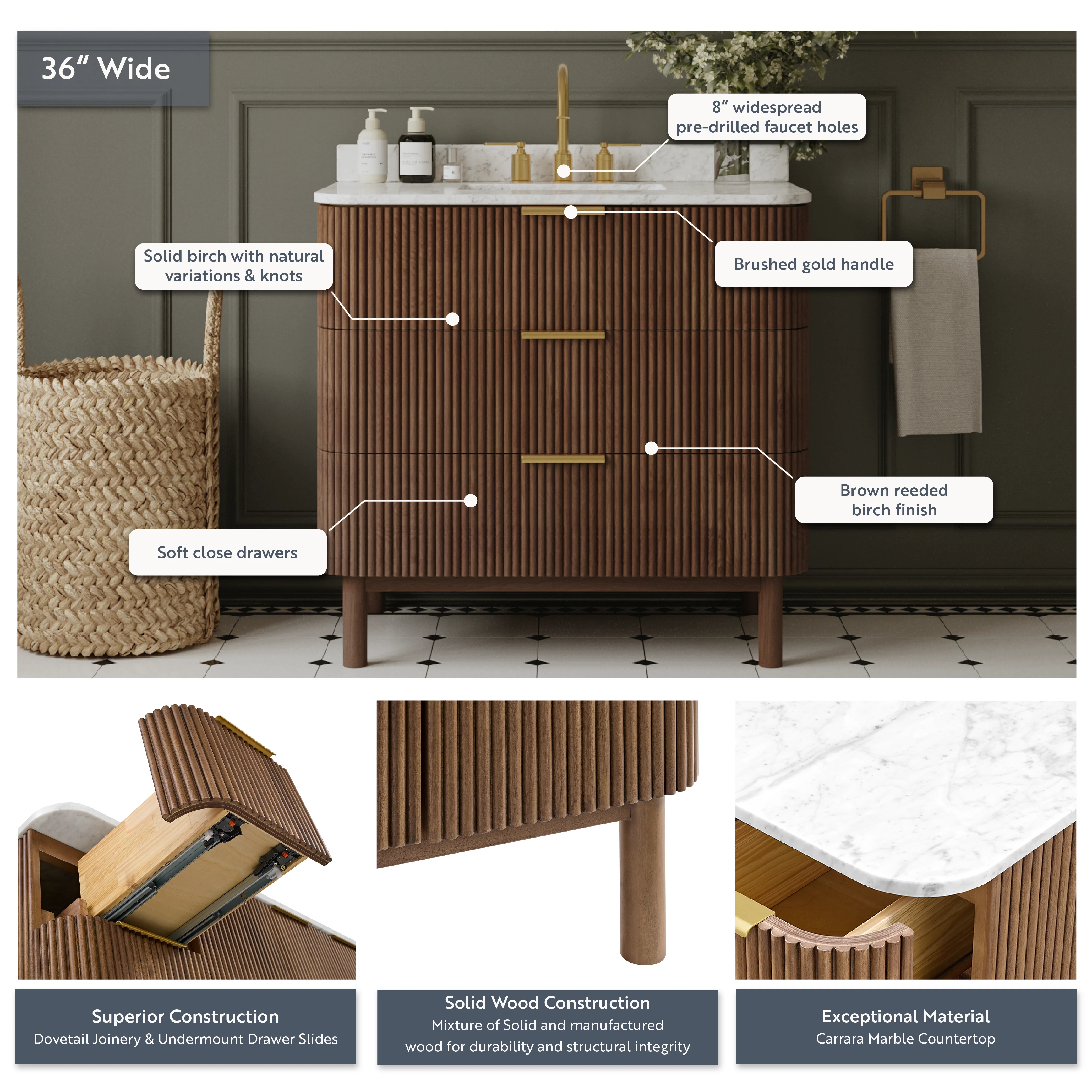 Havana 36" Single Bathroom Vanity in Brown Reeded Birch | Carrara Marble Countertop - Image 4