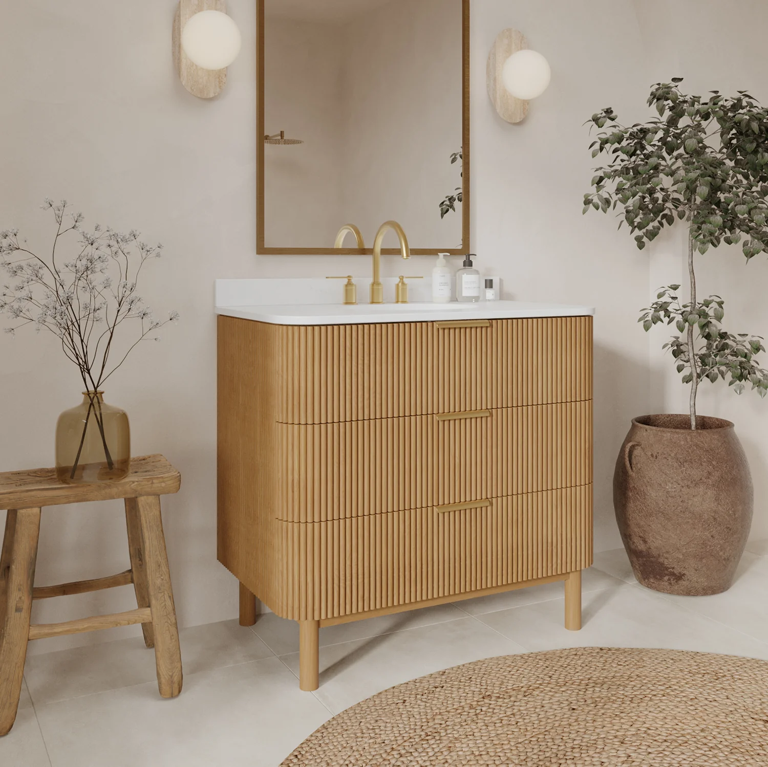 Havana 36" Single Bathroom Vanity in Reeded Birch | White Quartz Countertop - Image 14