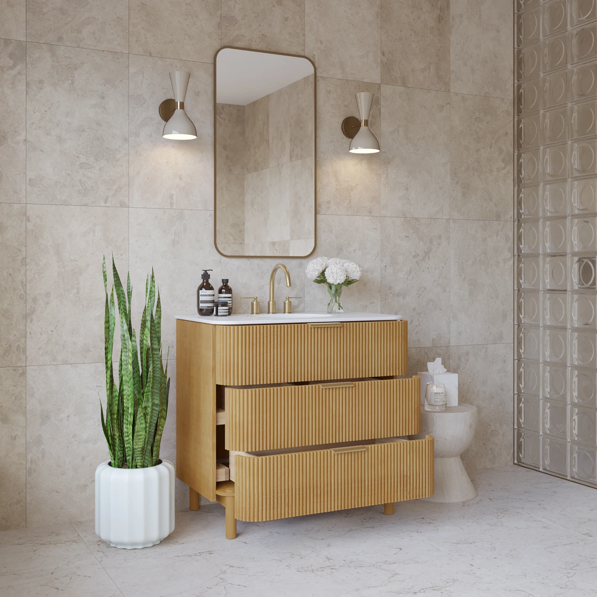 Havana 36" Single Bathroom Vanity in Reeded Birch | White Quartz Countertop - Image 3