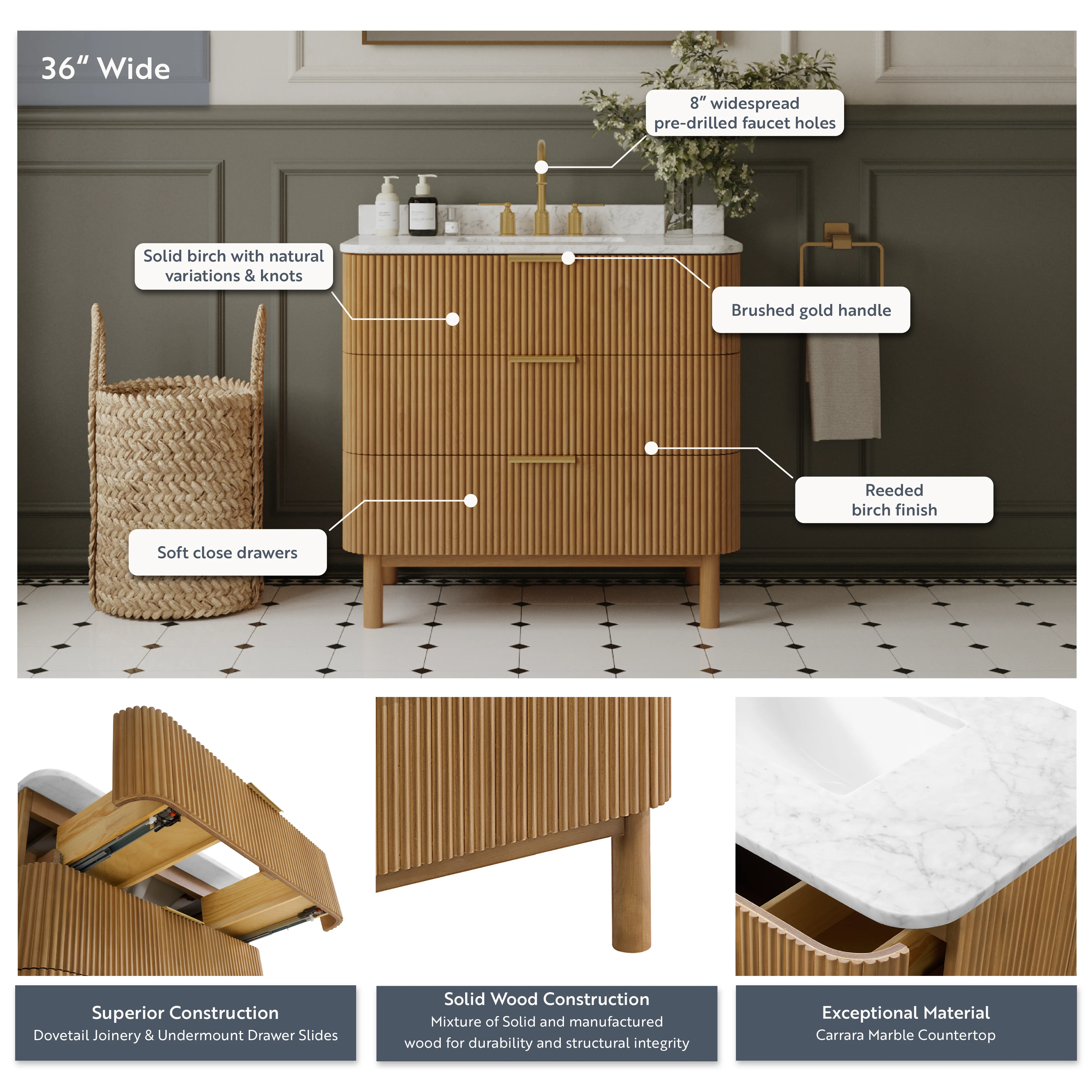 Havana 36" Single Bathroom Vanity in Reeded Birch | Carrara Marble Countertop - Image 11