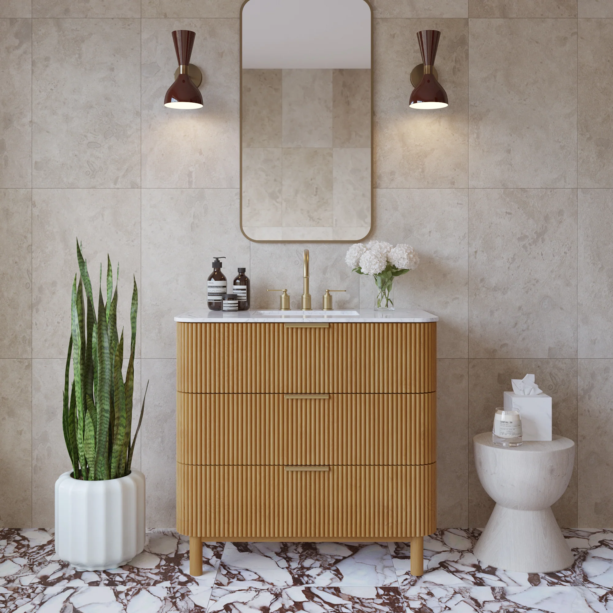 Havana 36" Single Bathroom Vanity in Reeded Birch | Carrara Marble Countertop - Image 13