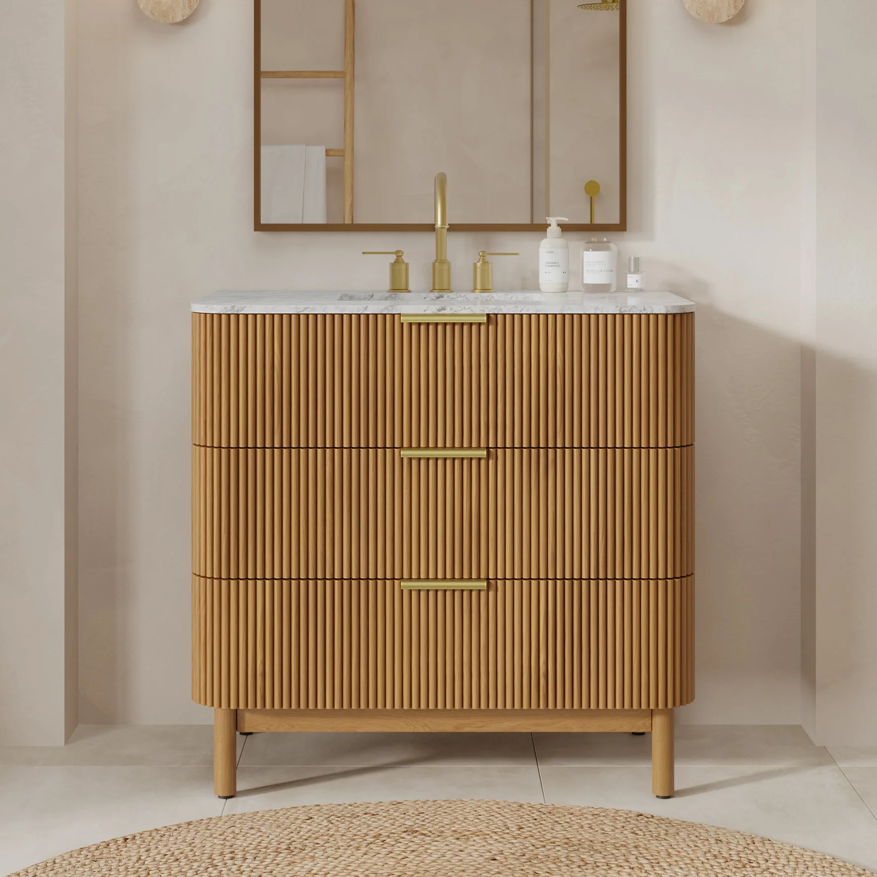Havana 36" Single Bathroom Vanity in Reeded Birch | Carrara Marble Countertop - Image 14