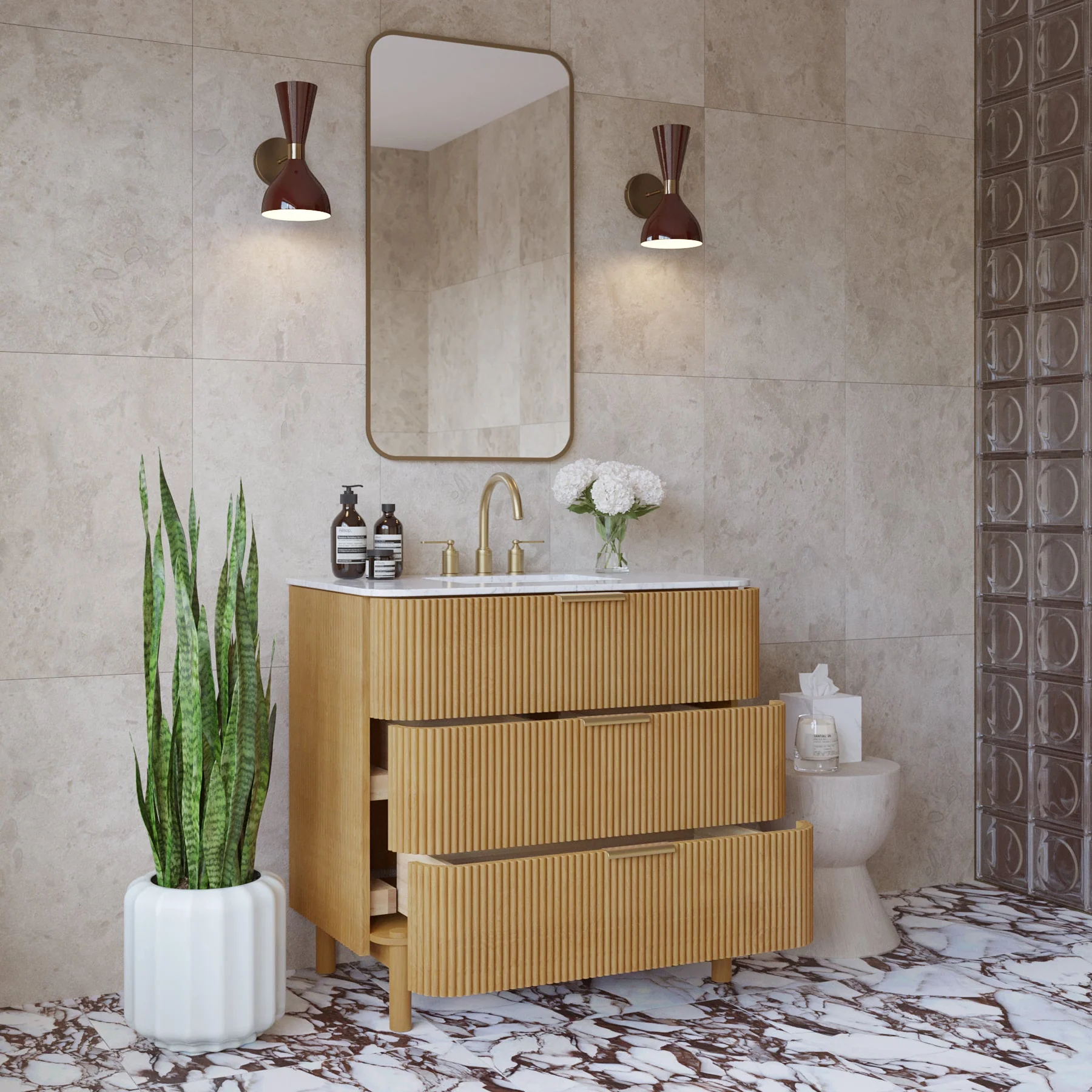 Havana 36" Single Bathroom Vanity in Reeded Birch | Carrara Marble Countertop - Image 3