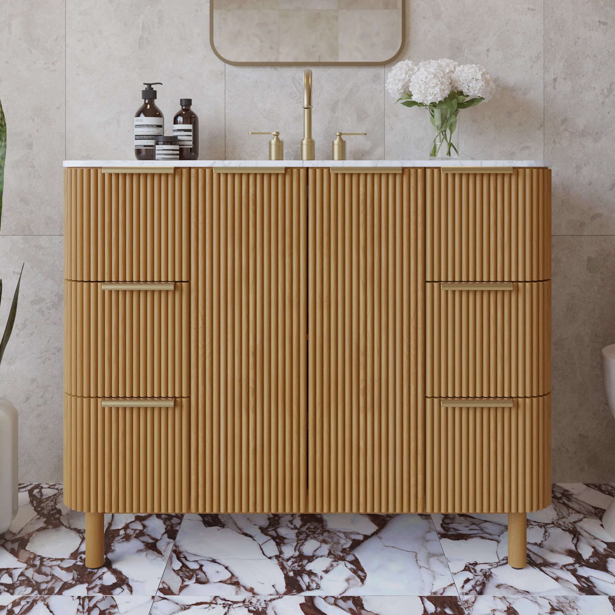 Havana 42" Single Bathroom Vanity in Reeded Birch | Carrara Marble Countertop - Image 17