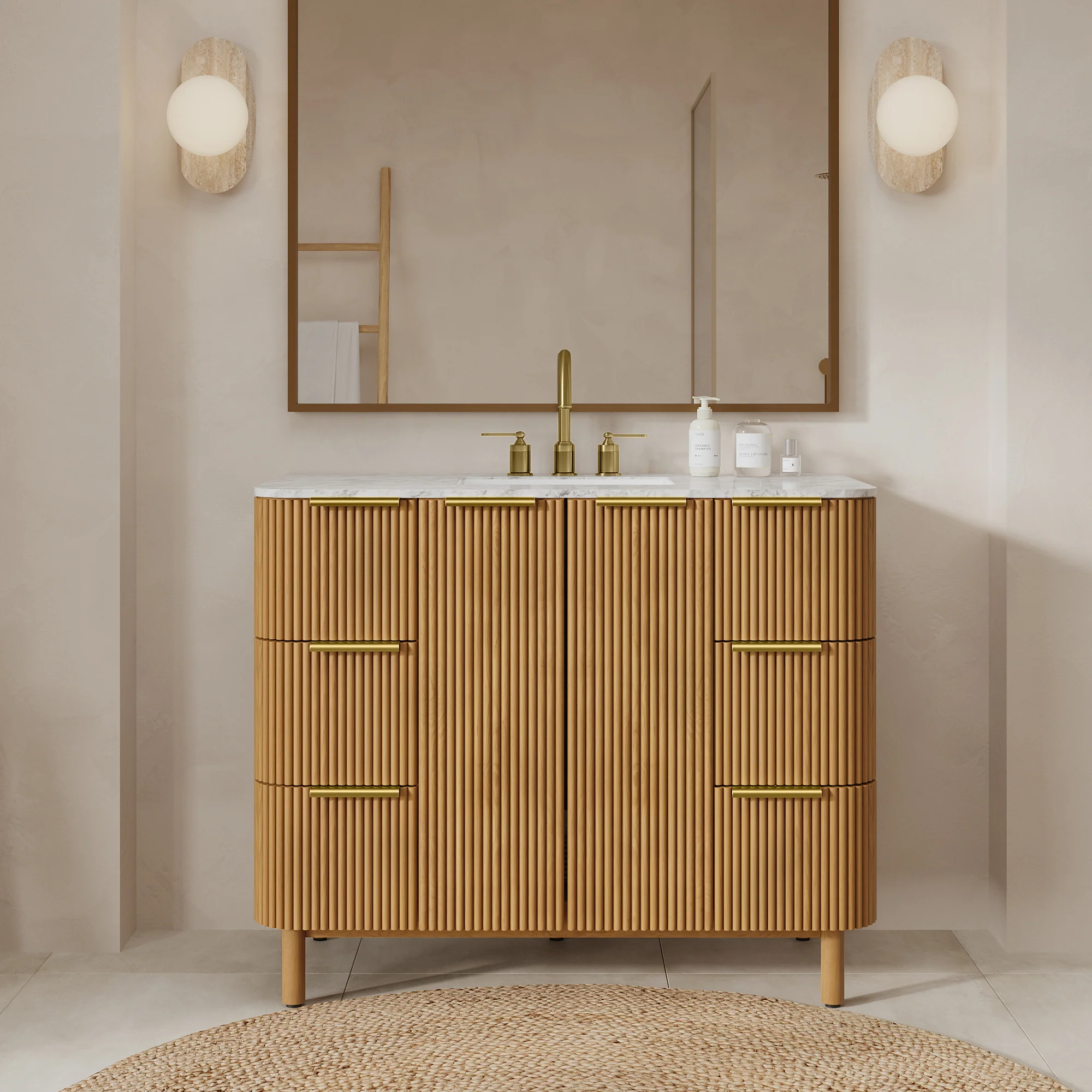 Havana 42" Single Bathroom Vanity in Reeded Birch | Carrara Marble Countertop - Image 18
