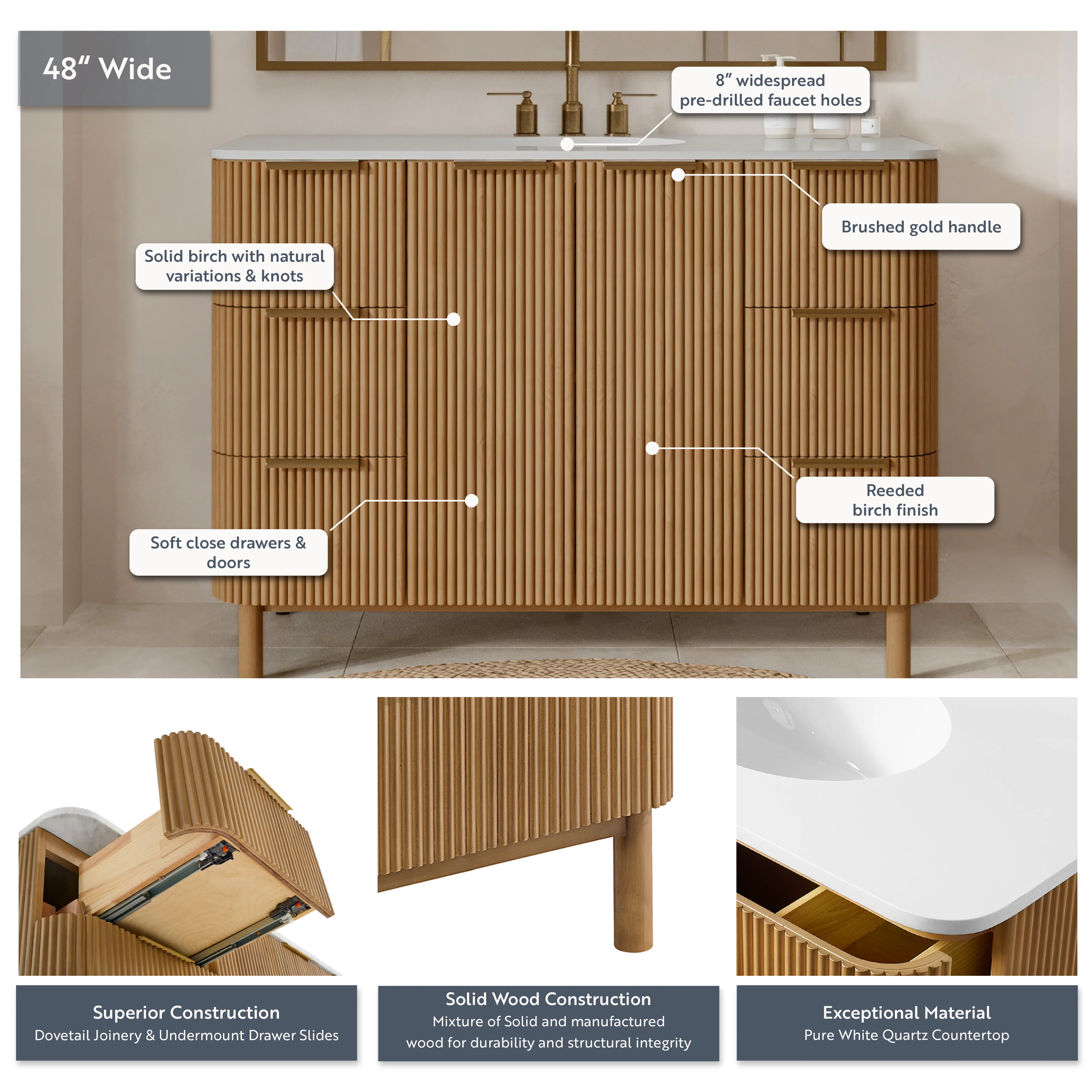 Havana 48" Single Bathroom Vanity in Reeded Birch | Quartz Countertop - Image 12