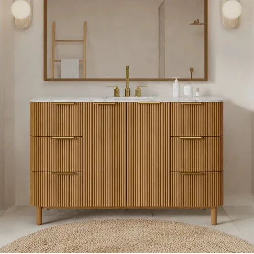 Havana 54" Single Bathroom Vanity in Reeded Birch | Carrara Marble Countertop - Image 14
