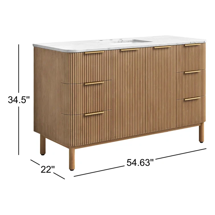 Havana 54" Single Bathroom Vanity in Reeded Birch | Carrara Marble Countertop - Image 7