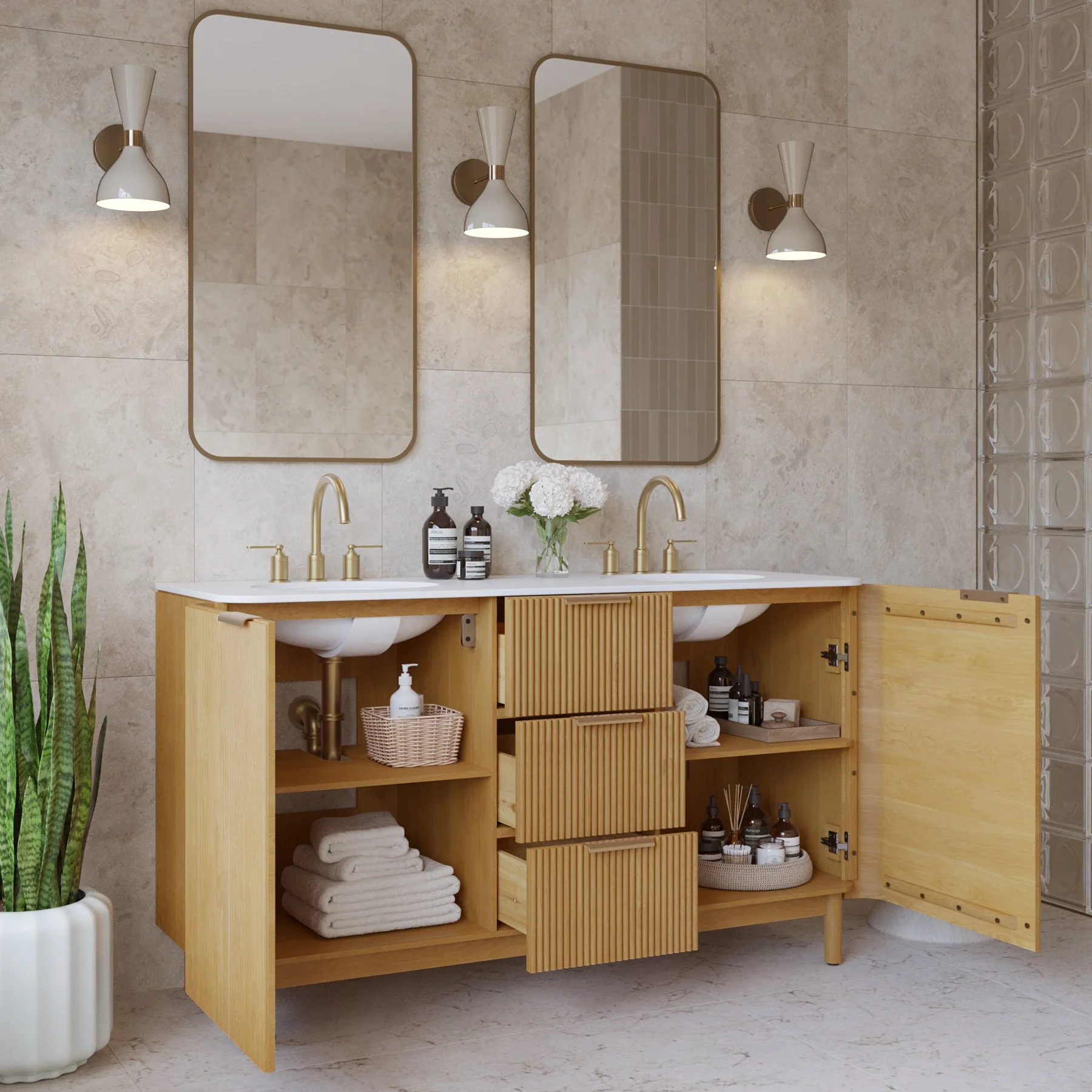 Havana 60" Double Bathroom Vanity in Reeded Birch | Quartz Countertop - Image 3