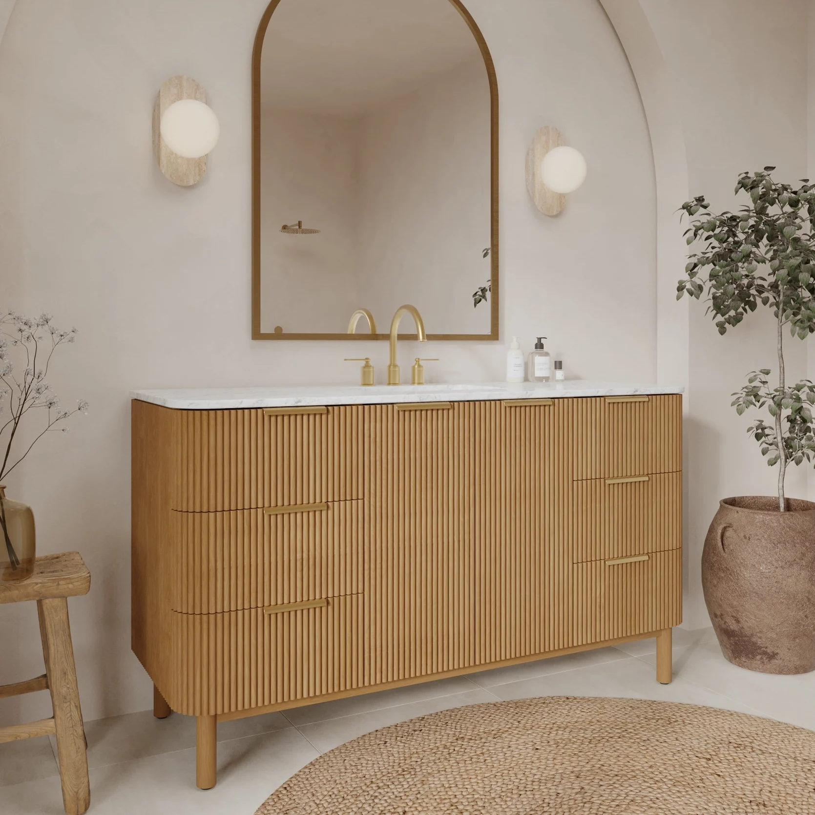 Havana 60" Single Bathroom Vanity in Reeded Birch | Carrara Marble Countertop - Image 20