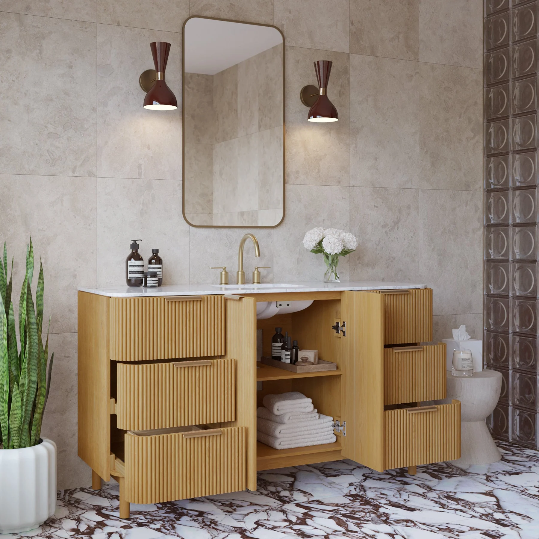 Havana 60" Single Bathroom Vanity in Reeded Birch | Carrara Marble Countertop - Image 3