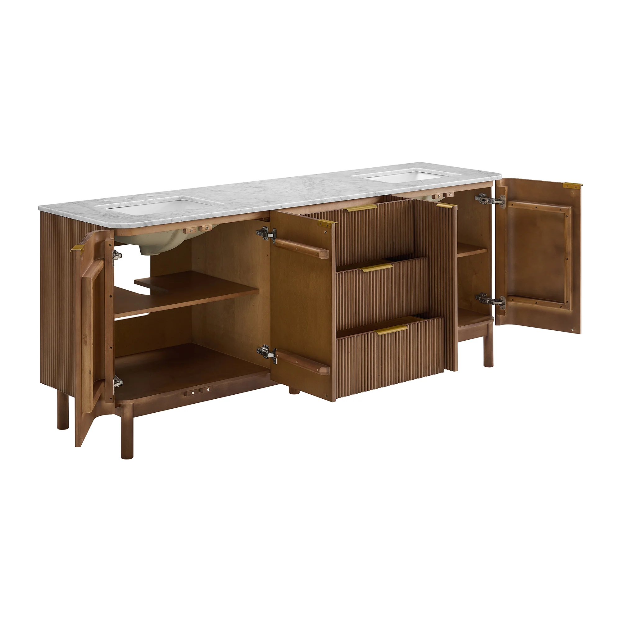 Havana 84" Double Bathroom Vanity in Brown Reeded Birch | Carrara Marble Countertop - Image 5
