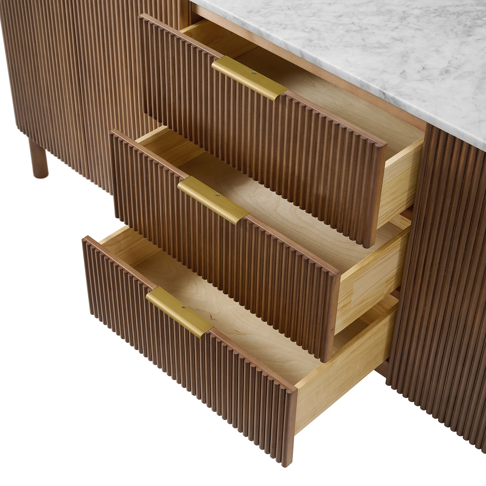 Havana 84" Double Bathroom Vanity in Brown Reeded Birch | Carrara Marble Countertop - Image 6