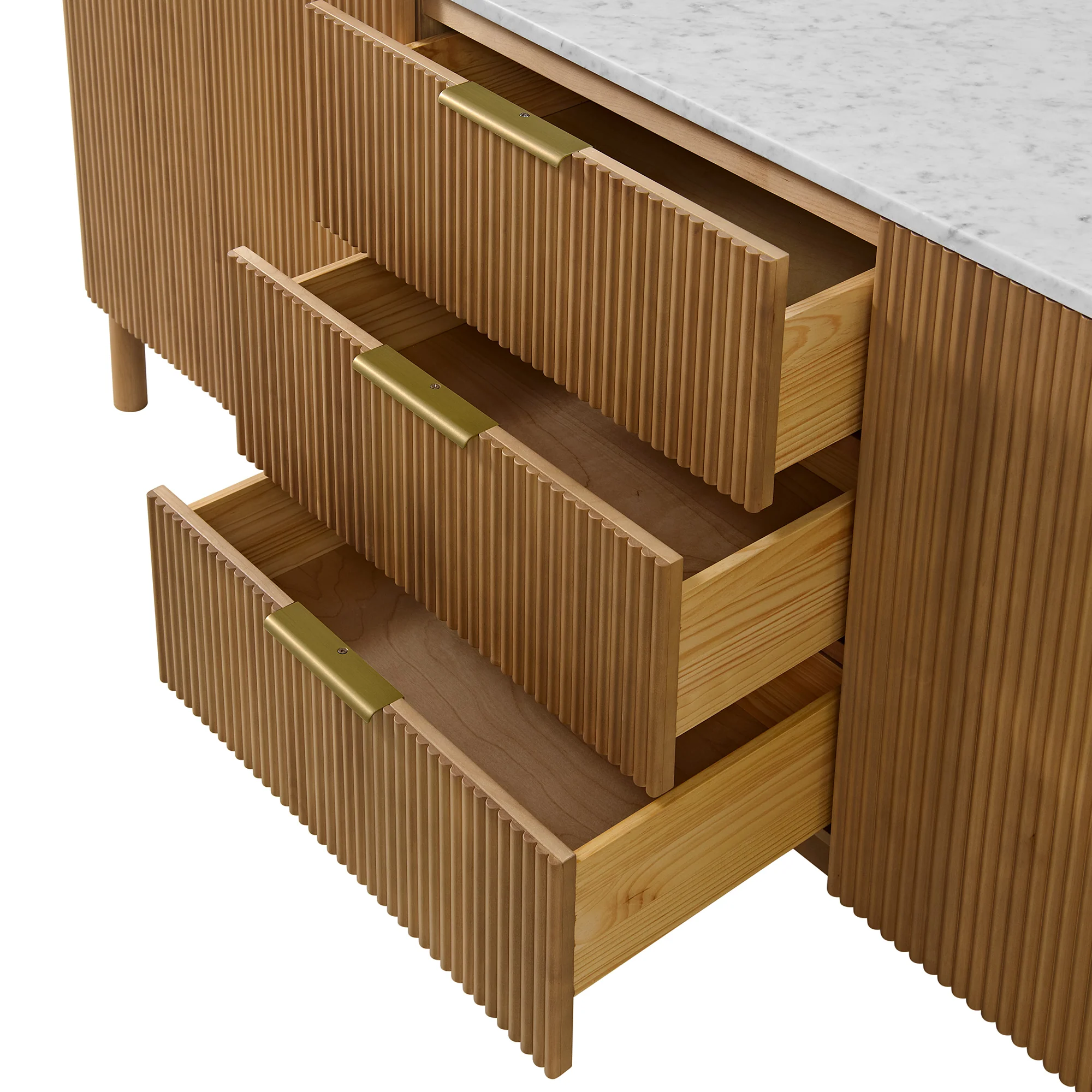 Havana 84" Double Bathroom Vanity in Reeded Birch | Carrara Marble Countertop - Image 7