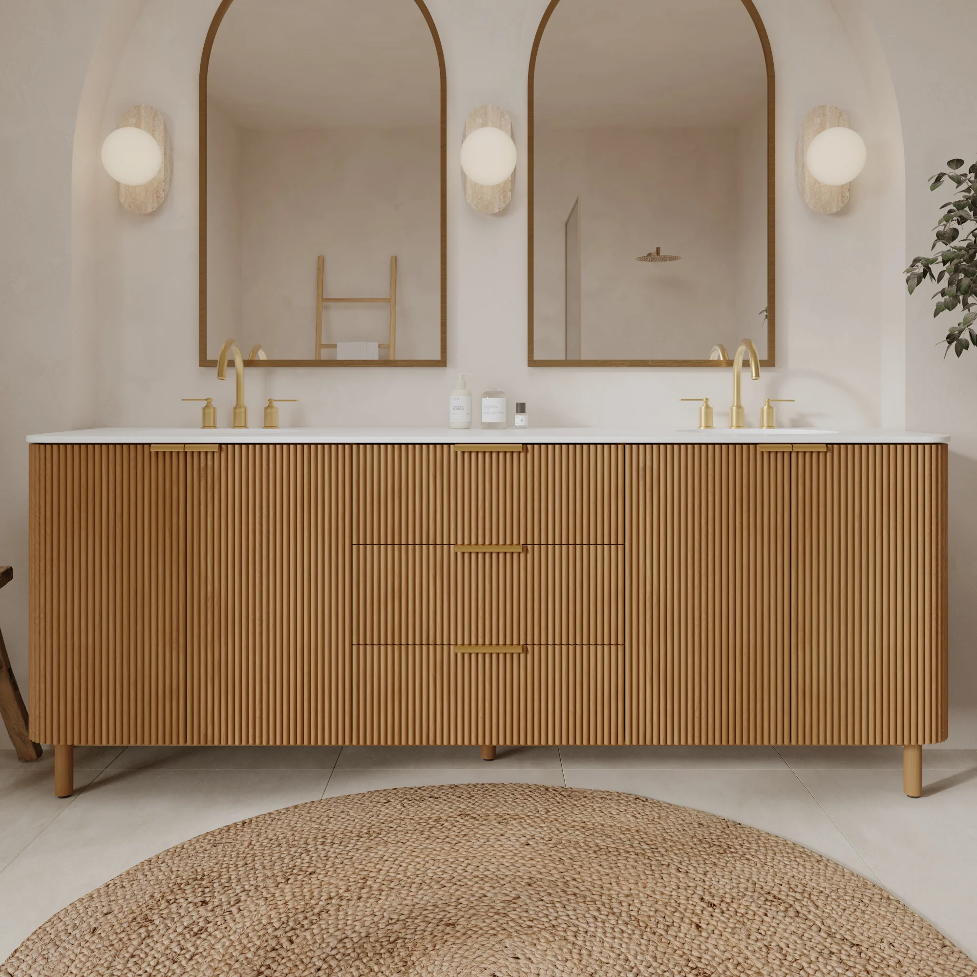 Havana 84" Double Bathroom Vanity in Reeded Birch | White Quartz Countertop - Image 17
