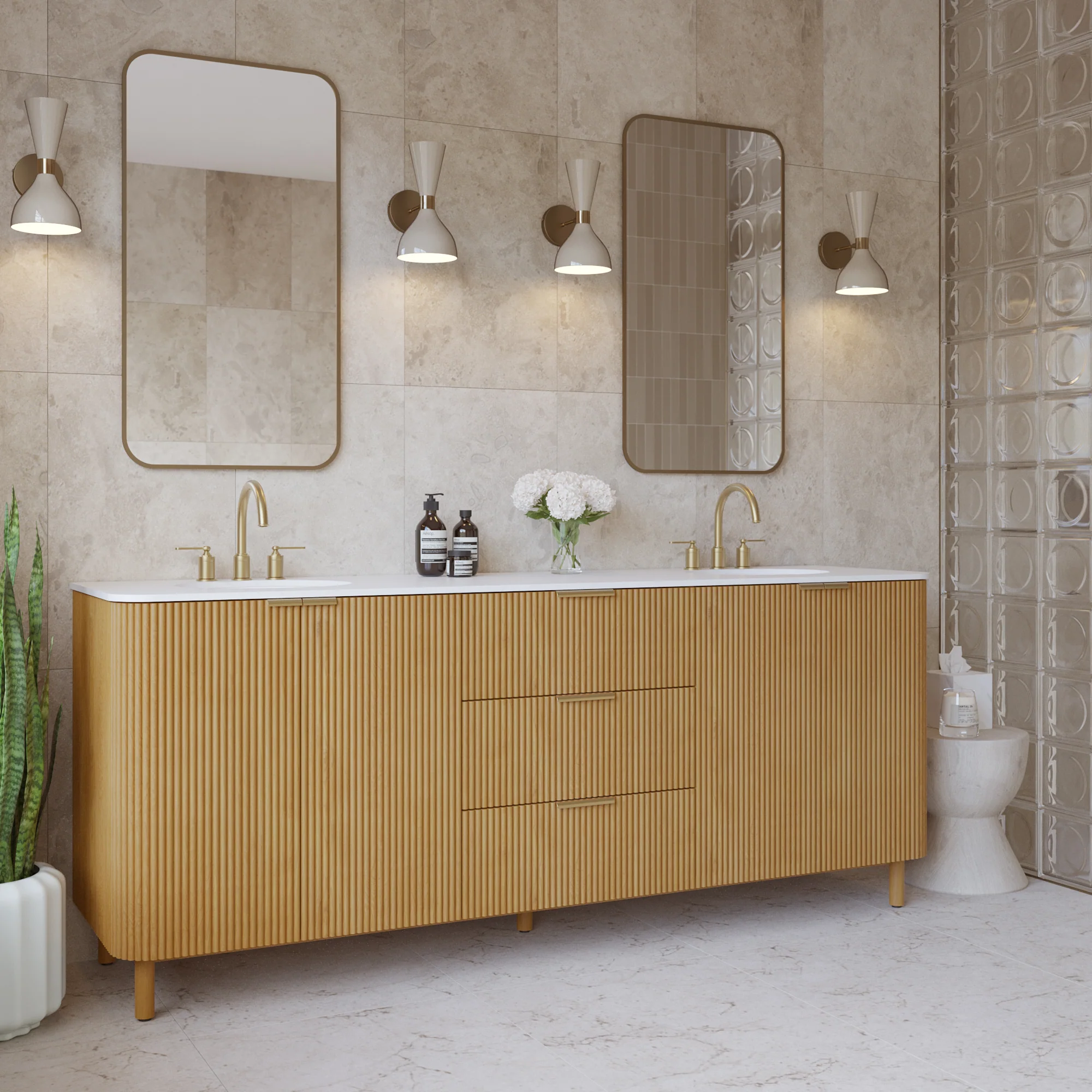 Havana 84" Double Bathroom Vanity in Reeded Birch | White Quartz Countertop - Image 2