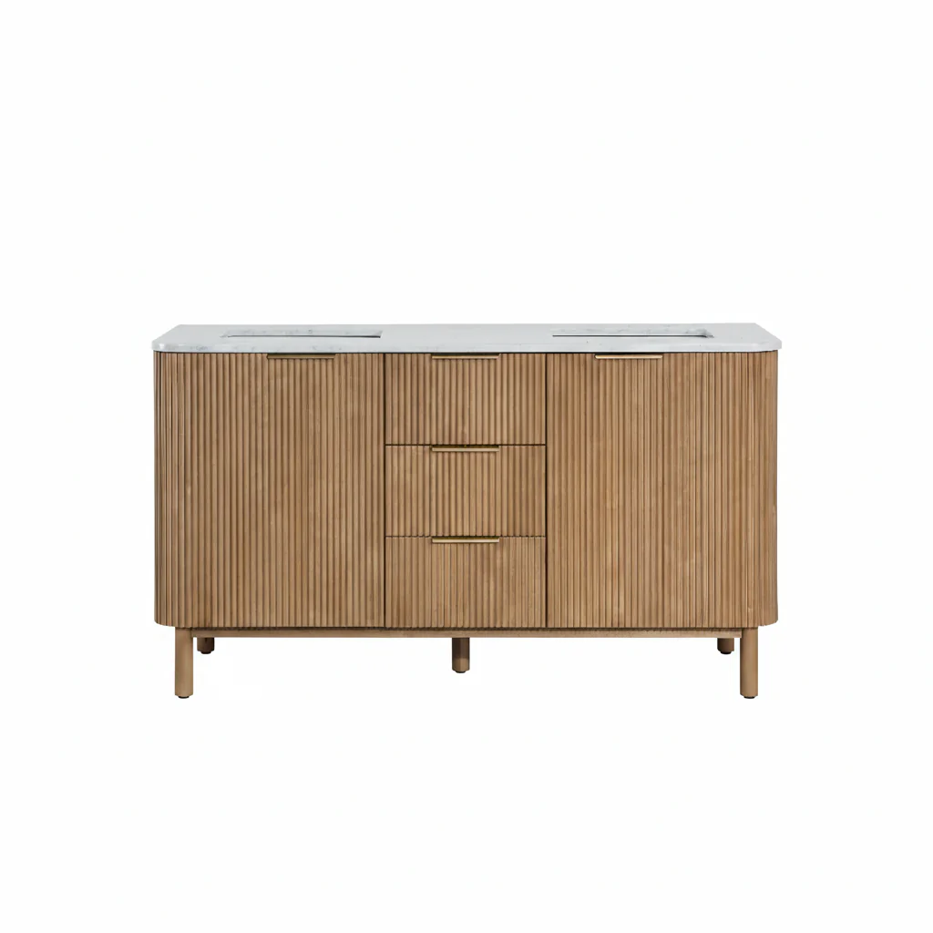 Havana 60" Double Bathroom Vanity in Reeded Birch | Carrara Marble Countertop - Image 10