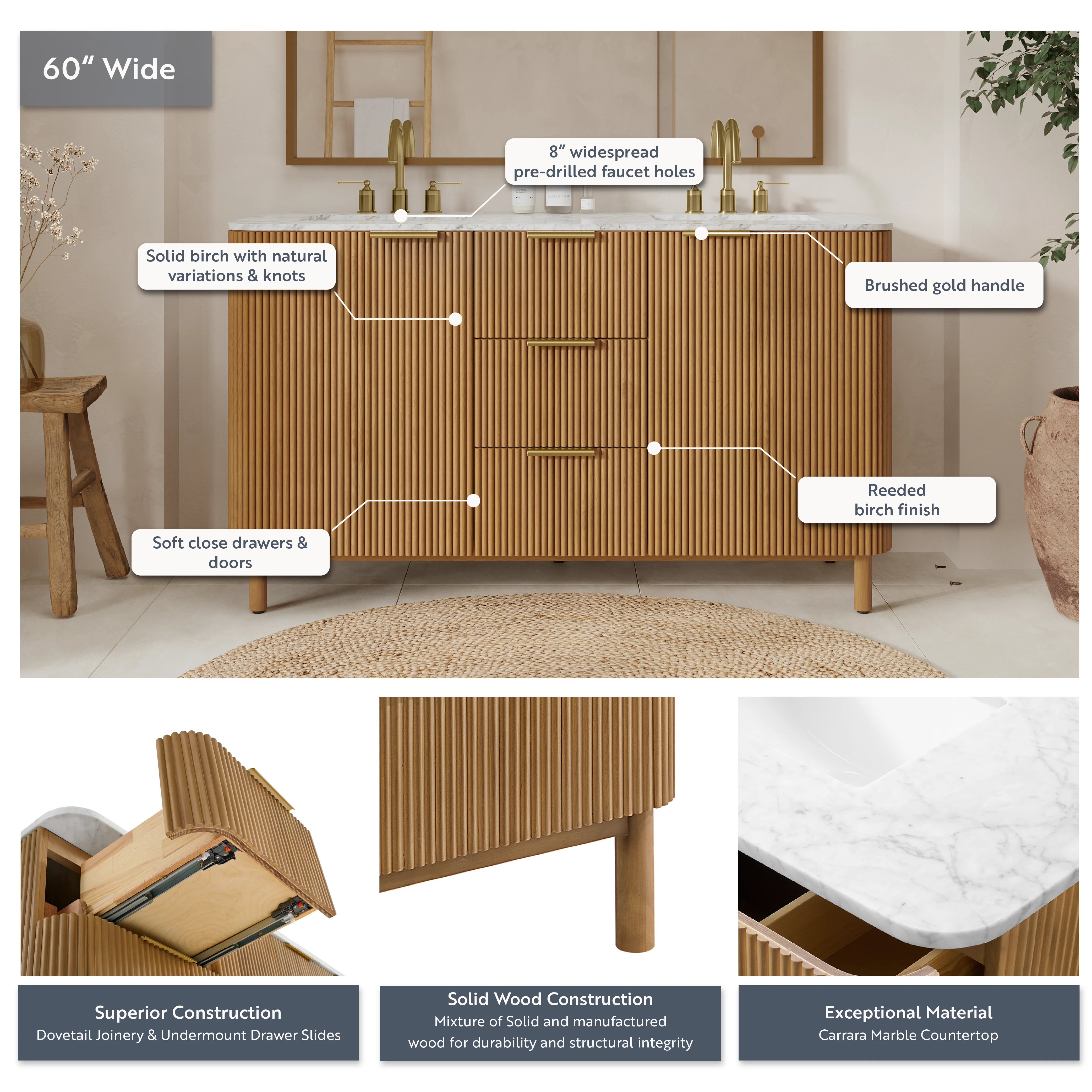 Havana 60" Double Bathroom Vanity in Reeded Birch | Carrara Marble Countertop - Image 12