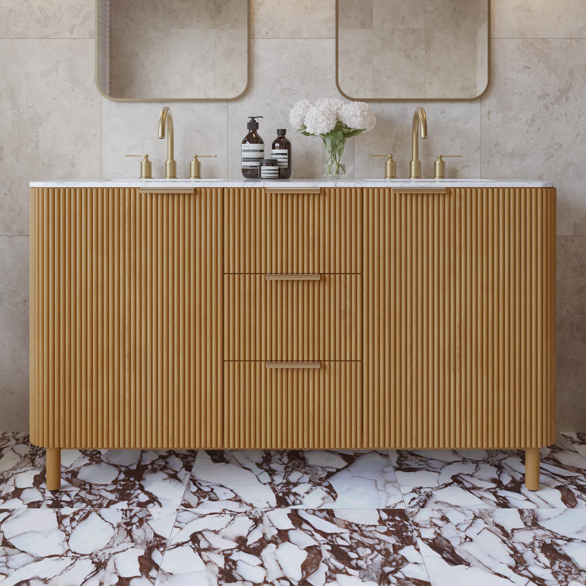 Havana 60" Double Bathroom Vanity in Reeded Birch | Carrara Marble Countertop - Image 14