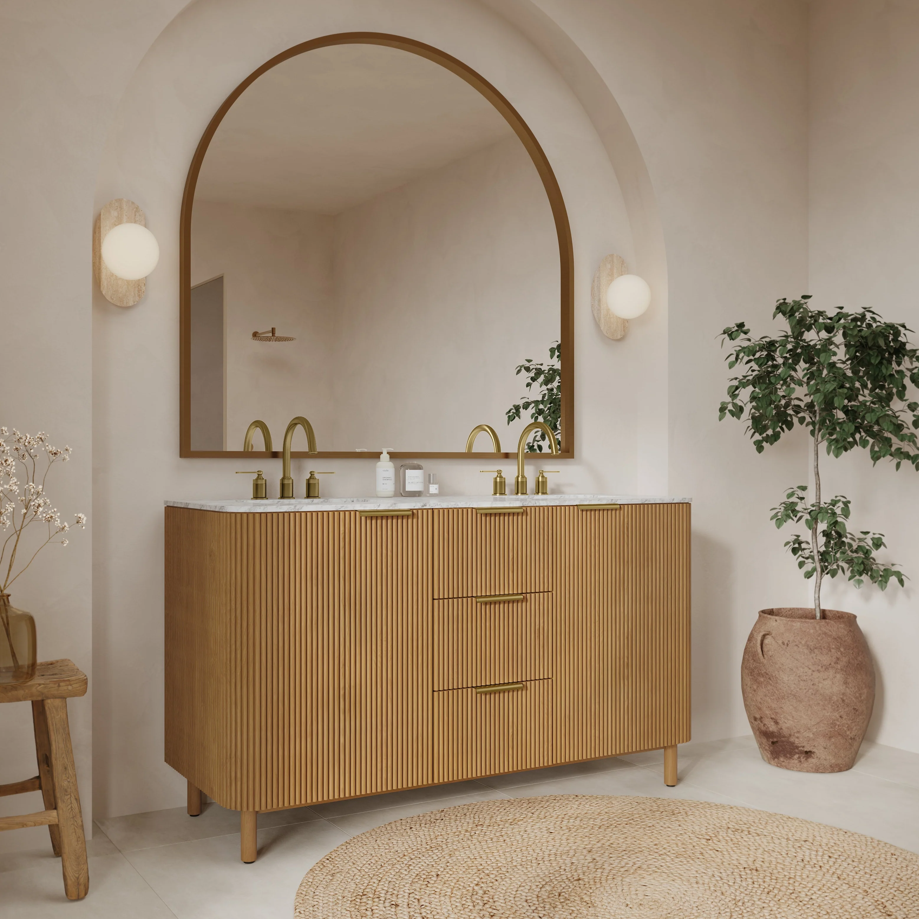 Havana 60" Double Bathroom Vanity in Reeded Birch | Carrara Marble Countertop - Image 16