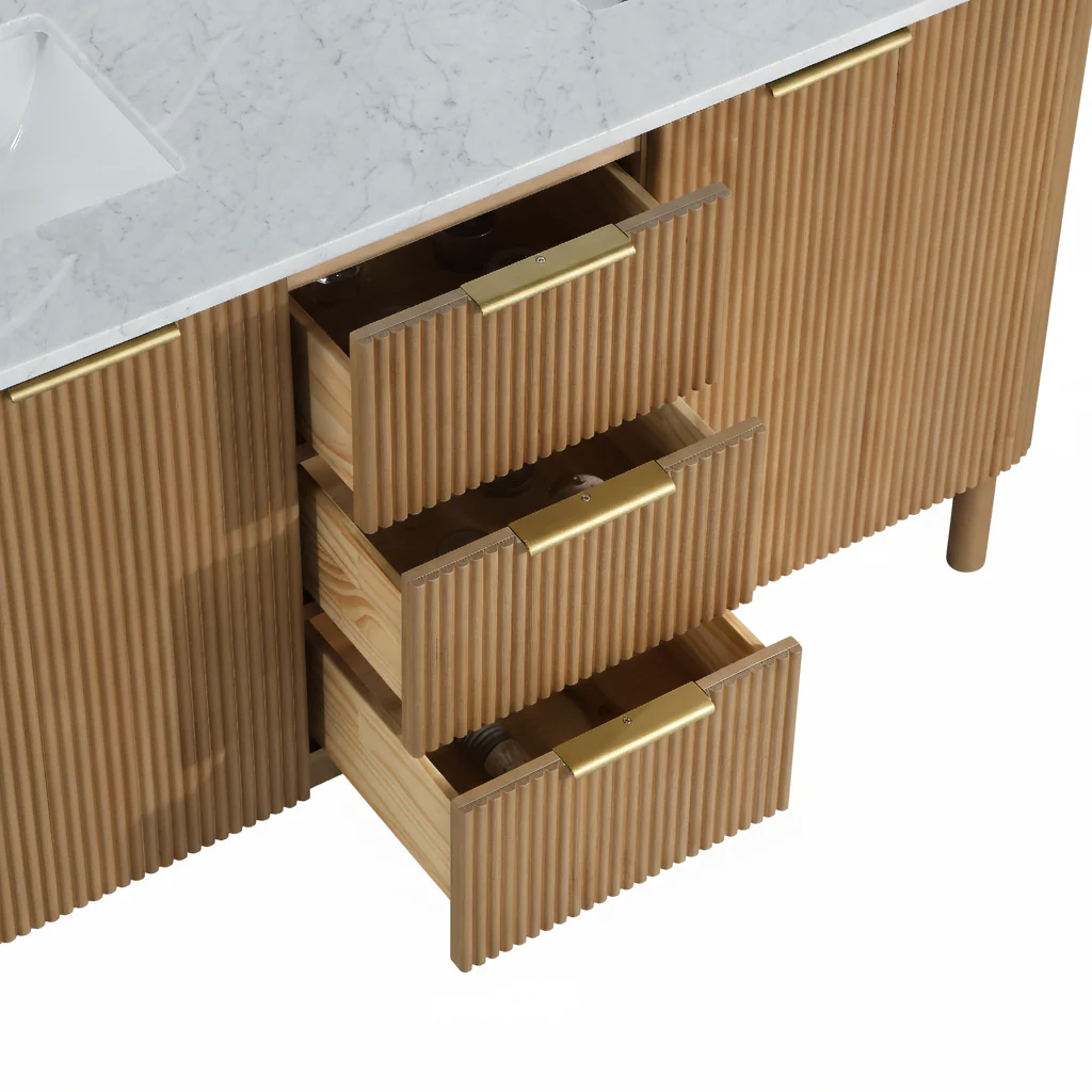 Havana 60" Double Bathroom Vanity in Reeded Birch | Carrara Marble Countertop - Image 5